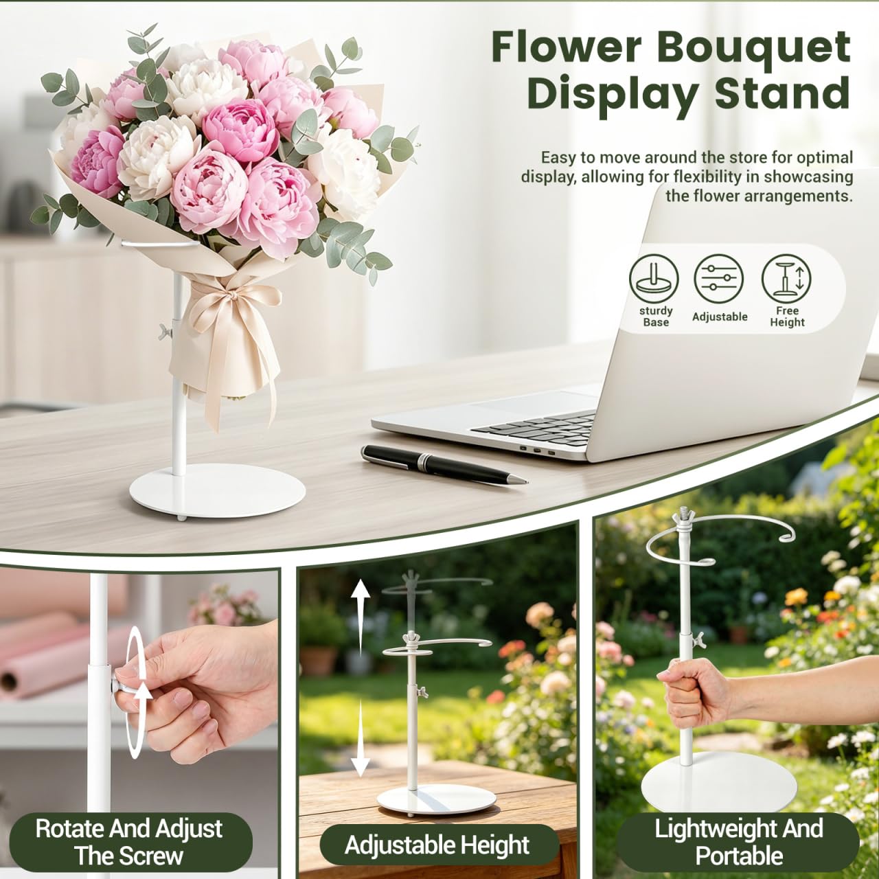 Luxshiny Espositore per bouquet in ferro, supporto per bouquet di fiori, supporto regolabile per bouquet da scrivania, supporto da tavolo per composizioni floreali da matrimonio, bianco