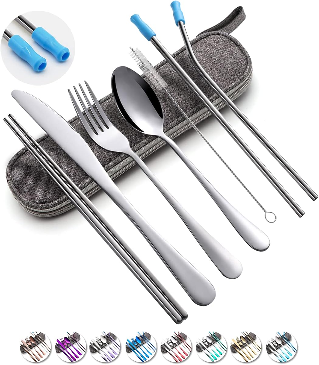 Travel Utensils Set with Case Reusable Portable Cutlery Set Stainless Steel 8pcs Including Dinner Knife Fork Spoon Chopsticks Straws(Silver) | Dishwasher Including Dinner Knife Fork Spoon Chopsticks Straws Travel Fork Spoon Knife for Work, School, Camping (Silver).