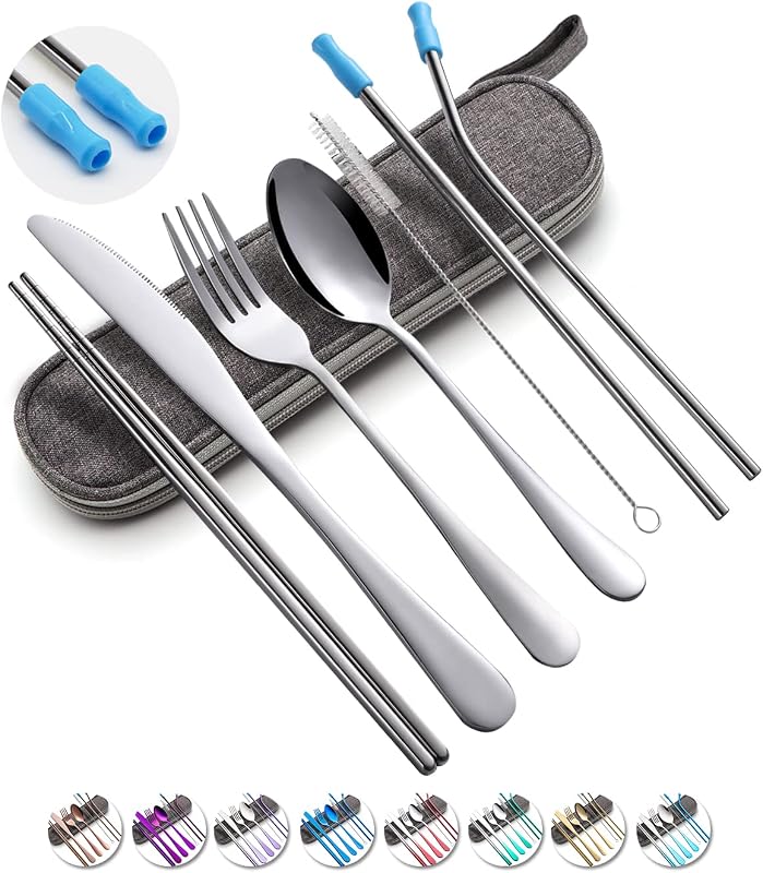 Travel Utensils Set with Case Reusable Portable Cutlery Set Stainless Steel 8pcs Including Dinner Knife Fork Spoon Chopsticks Straws(Silver) | Dishwasher Including Dinner Knife Fork Spoon Chopsticks Straws Travel Fork Spoon Knife for Work, School, Camping (Silver).