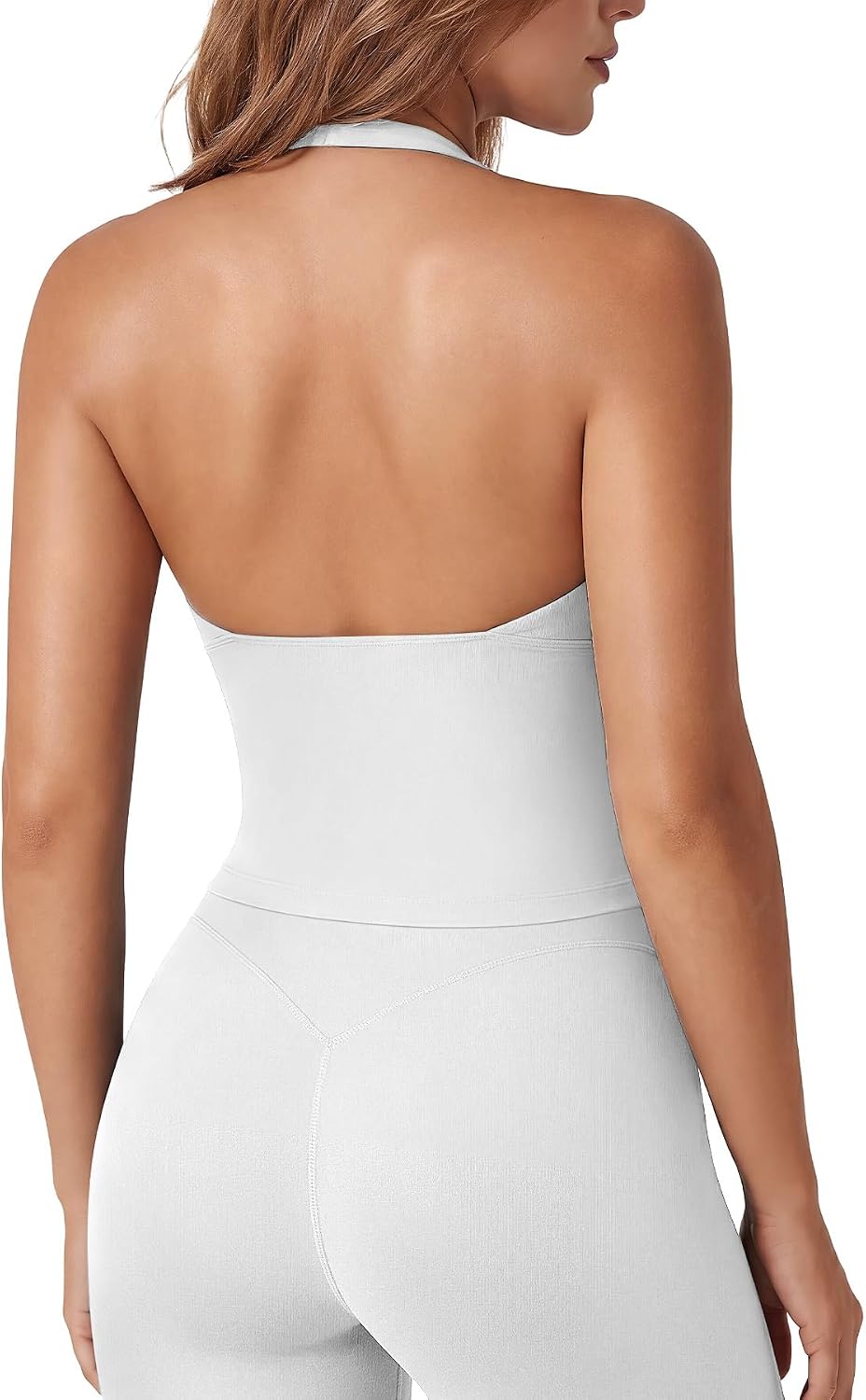 VOYJOY Women's Halter Tank Top Longline V Neck Sleeveless Backless Built in Bra Active Workout Gym Yoga Crop Tops