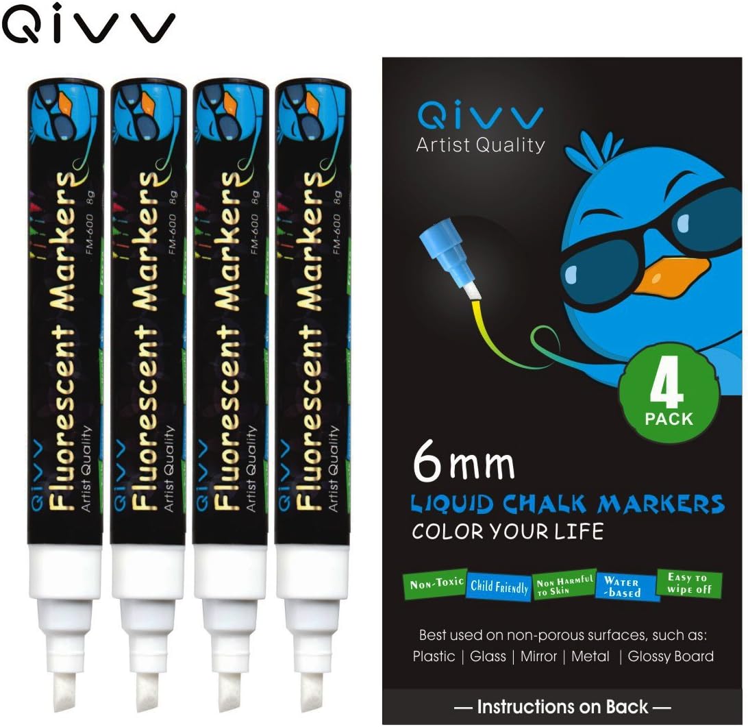4 Pack - QIVV White Liquid Chalk Marker Pens - 6mm Reversible Tip (CHISEL/BULLET) - Premium Wet Erase Chalk Markers - Windows, Menu, Bistro, Whiteboards [Free 16 Chalkboard Labels] Safe For Kids Art