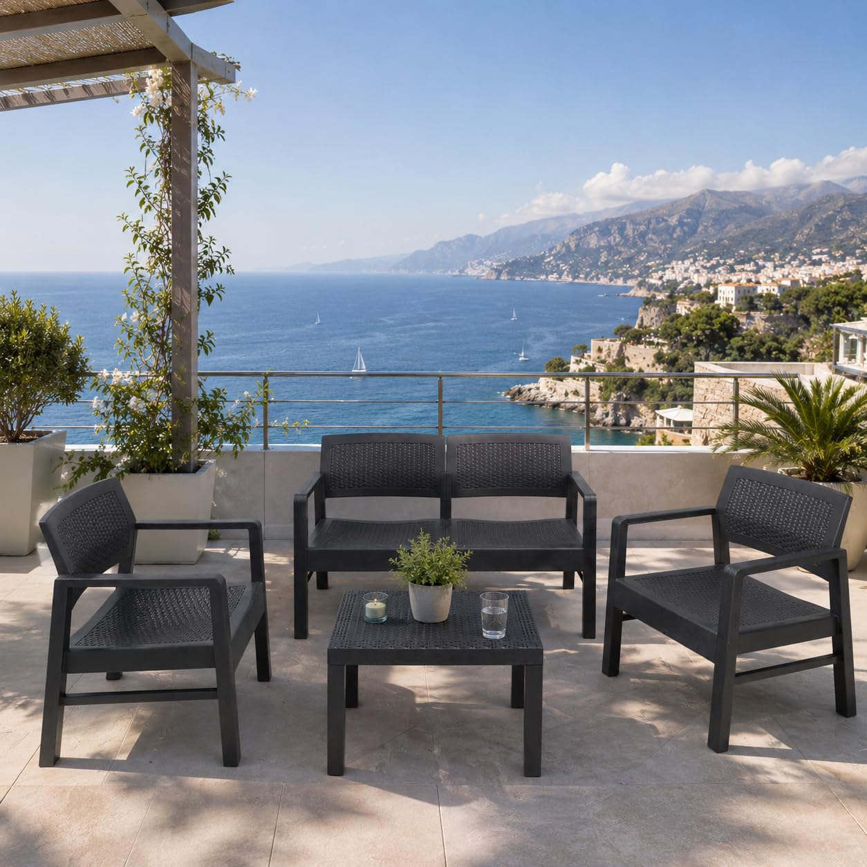 Maury's Set da Giardino Venice Perfetto per Interni ed Esterni, Design Moderno In Colore antracite, Eleganza per il tuo Spazio Outdoor, Con Tavolo, Divano e Due Poltrone (Set Venice)