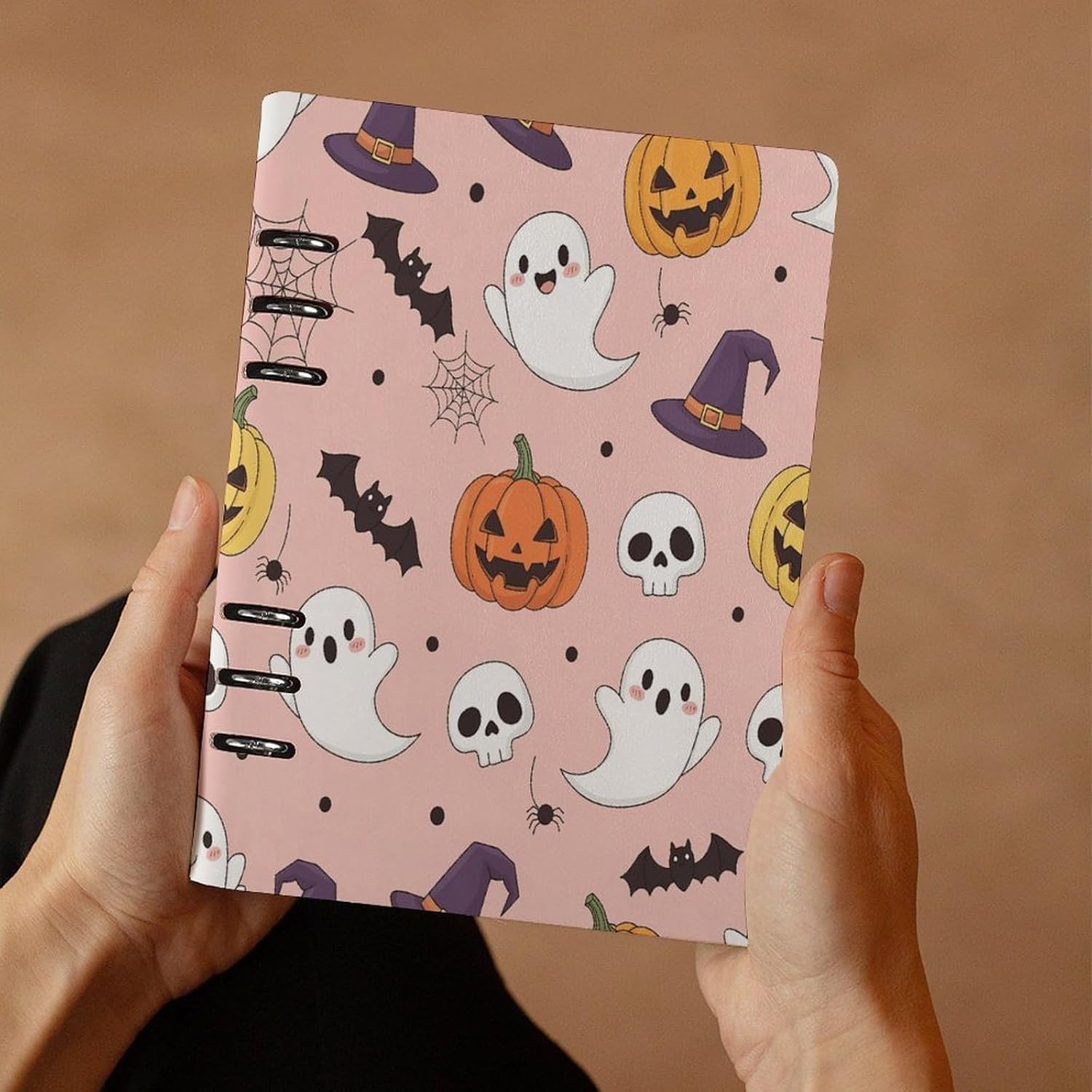 JOJOART Halloween Ghost Cute Bat Journals Binder Notebook Loose Leaf 6-Ring Professional Notebook,Spiral Notebooks Refillable Journal Notebook,90 Sheets for Office Travel Planner