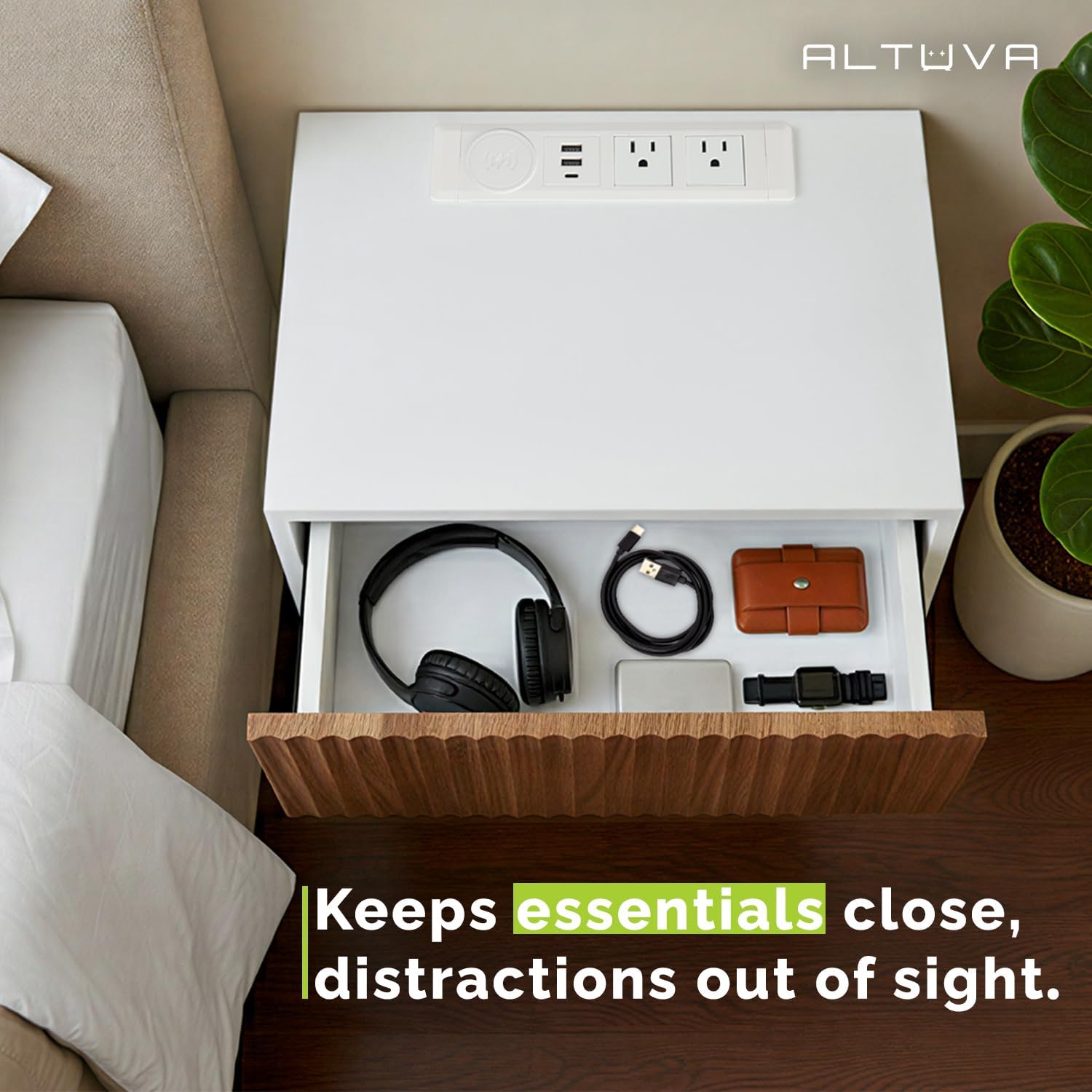 Floating Nightstand Set of 2 with Charging Station – Modern White Wall Mounted Bedside Tables with Walnut Fluted Drawers – Mid Century Nightstands for Bedroom, Small Spaces, Retro MCM Style