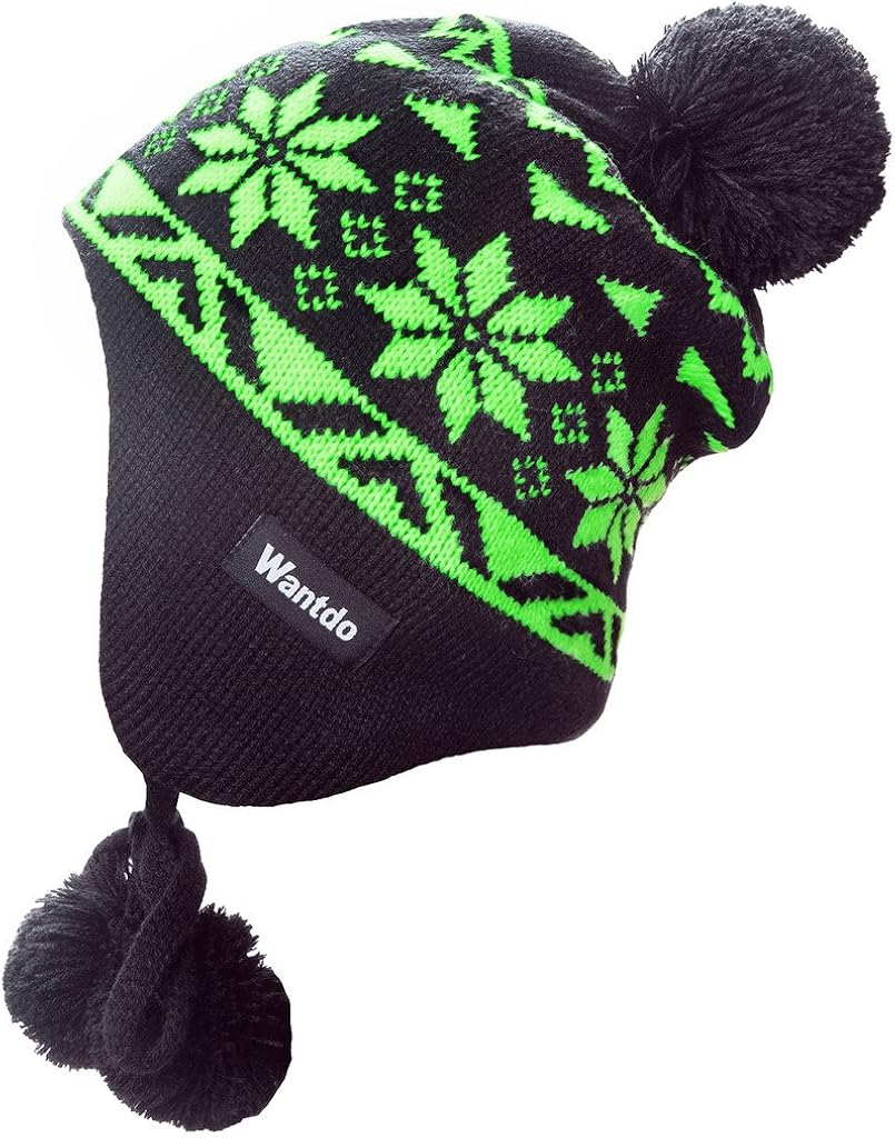 Wantdo Unisex Knitted Hat Crochet Snowflake Pattern Beanie Cap with Pom Pom
