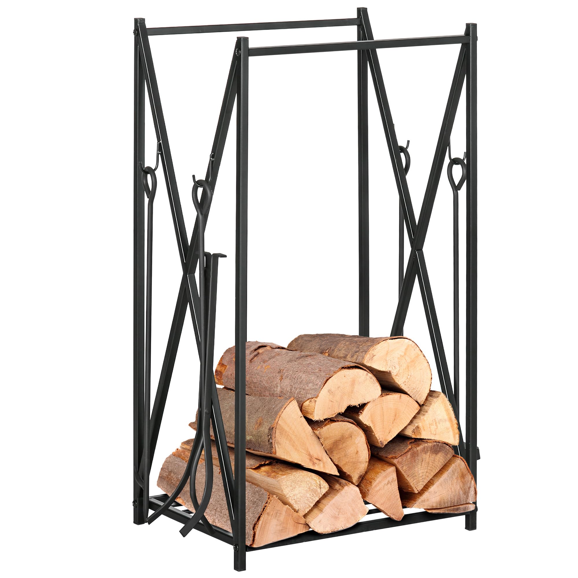 HOMCOM Estante de Leña para Chimenea Soporte para Leña con 4 Herramientas Incluidas Marco de Acero Estable Carga 100 kg para Exterior e Interior 46x30x76 cm Negro