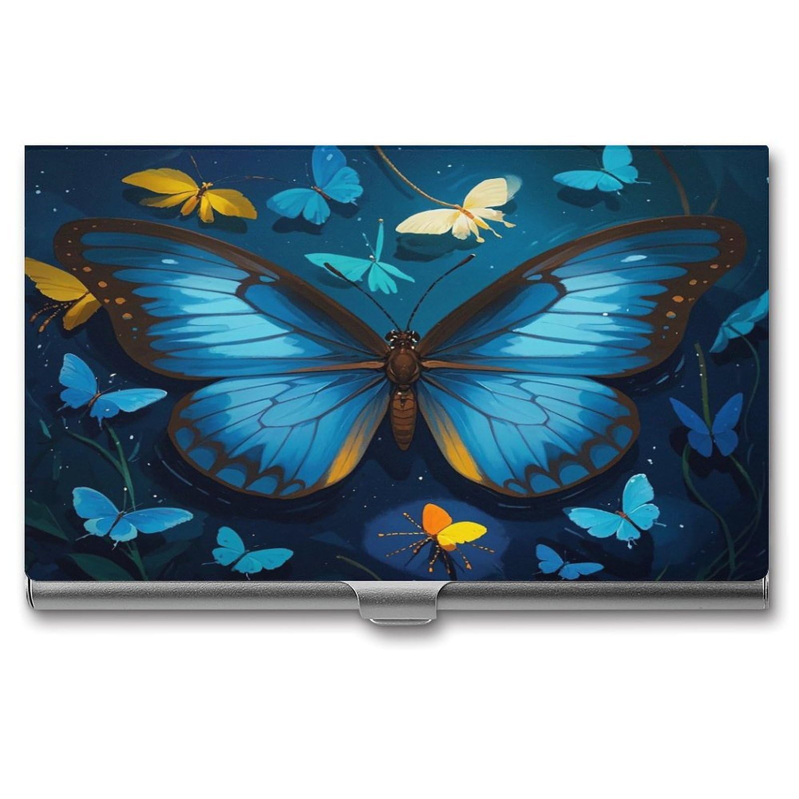 FekiLoot Blue Butterfly Pattern Business Card Holder Aluminum Alloy Business Card Case Convenient to Carry Business Card Dispenser for Men Women