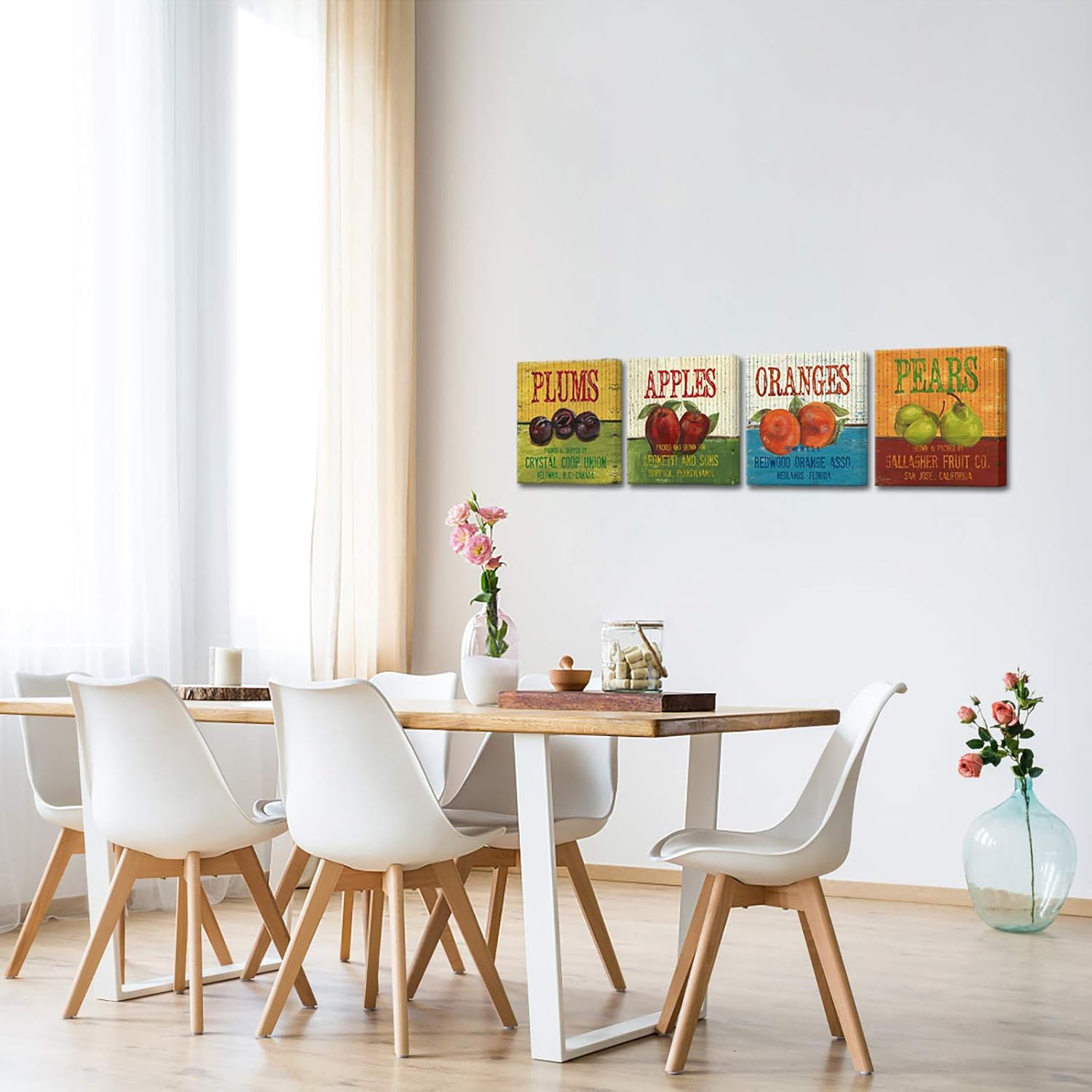 Biuteawal - Fruits Canvas Wall Art for Kitchen Dining Room Decor Oranges Pears Apples Plums Poster Painting Prints Retro Food Picture for Home Decoration Stretched and Framed Ready to Hang