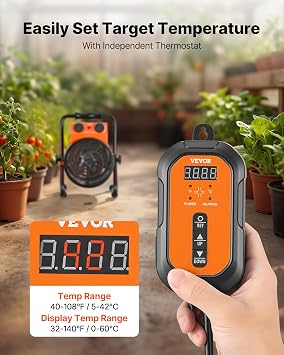 VEVOR Greenhouse Heater, 1500W Electric Space Heater with Thermostat, Heating Tube Element, 25 Adjustable Angle, IPX4 & Overheat Protection, Great for Grow Tent, Greenhouse, Flower Room, Home Office