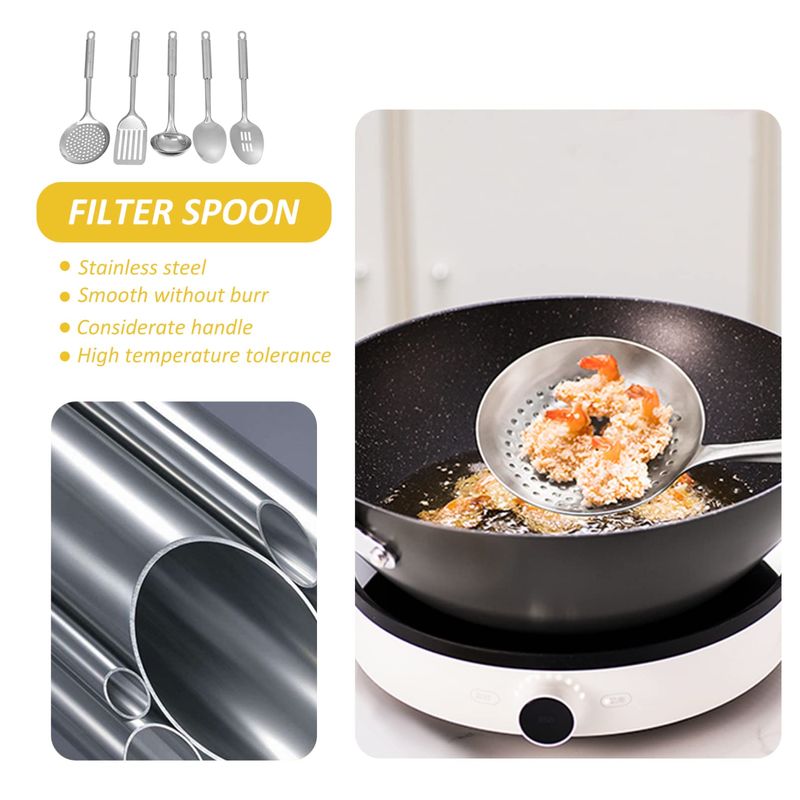 1 Set 5-tlg. Edelstahl-Utensilien aus Stahl für Zuhause, Küche, Wender, Skimmer mit silbernem Spatel, Utensilien zum Frittieren mit Schlitzen, zum Backen von Kochgeschirr, Hitze-Gadgets, Seifenschau