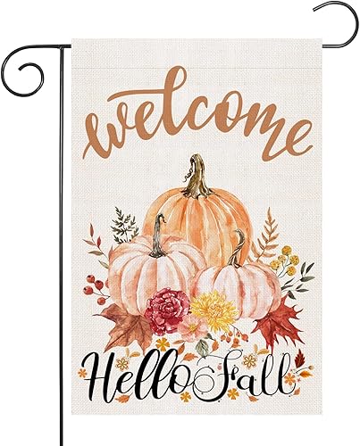 Bandera de jardín de bienvenida con texto en inglés Hello Fall de arpillera de doble cara de 12 x 18 pulgadas para Acción de Gracias, calabaza,