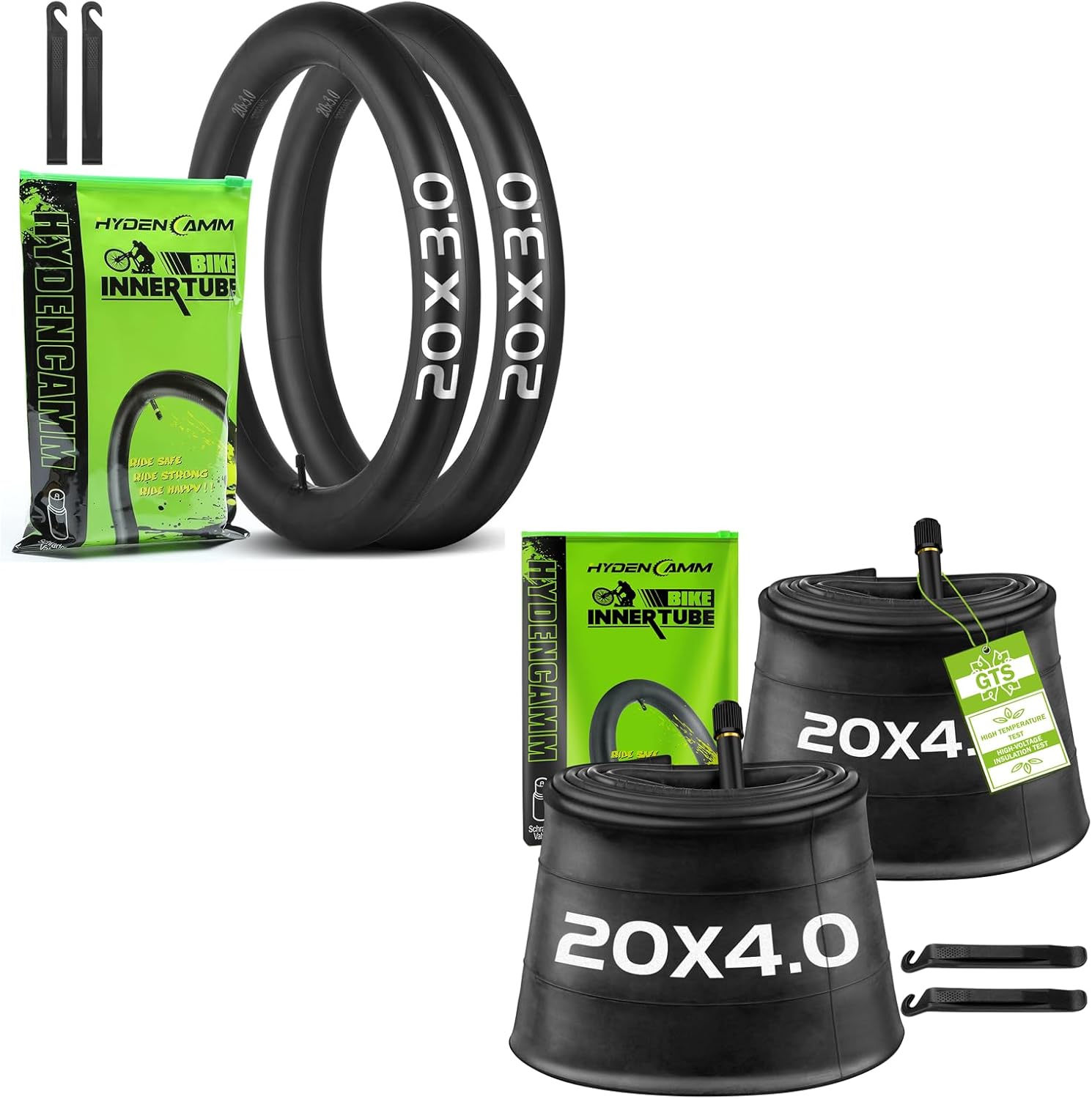 2 Pack 20x3.0+2 Pack 20x4.0 Fat Tire Tubes with AV 32mm, 20x3.5-4.5 Fat Tire Tube Heavy Duty with 2 Tire Lever, 20 x 4.0 Premium Butyl Rubber Bike Tube 20 x 3.50 for Road/MTB/E Bike by Hydencamm