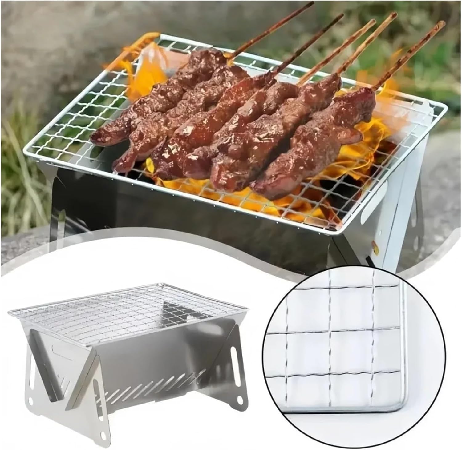 Foldable Stainless Steel Barbecue Grill Multi-purpose Charcoal Wood Stove For Household Outdoor Cooking Camping Picnic Beach BBQ(L)