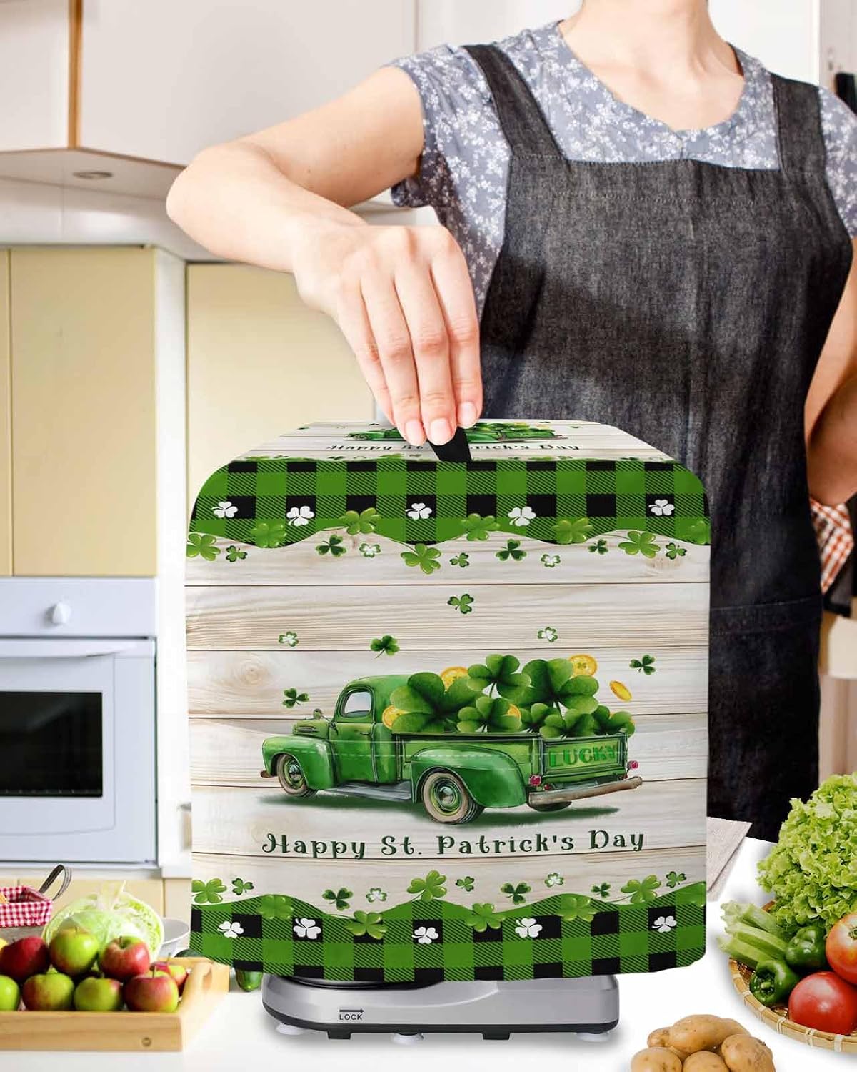 St. Patrick's Day Stand Mixer Cover with Storage Pocket, Waterproof Kitchen Mixer Covers, Shamrock Truck Gold Coin Plaid Wood Grain Kitchen Appliance Dust Cover Compatible with 5-8 Quart Mixers