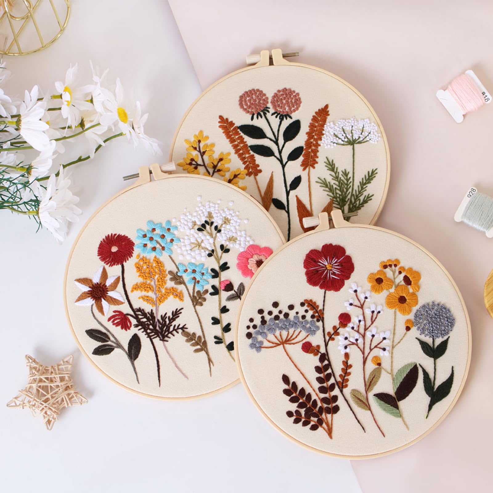 Smart-Feather 3 Sets Embroidery kit for Beginners Hand Embroidery Kits for Adults with Hoop DIY Art Project Craft Kit (Flower) - Image 3