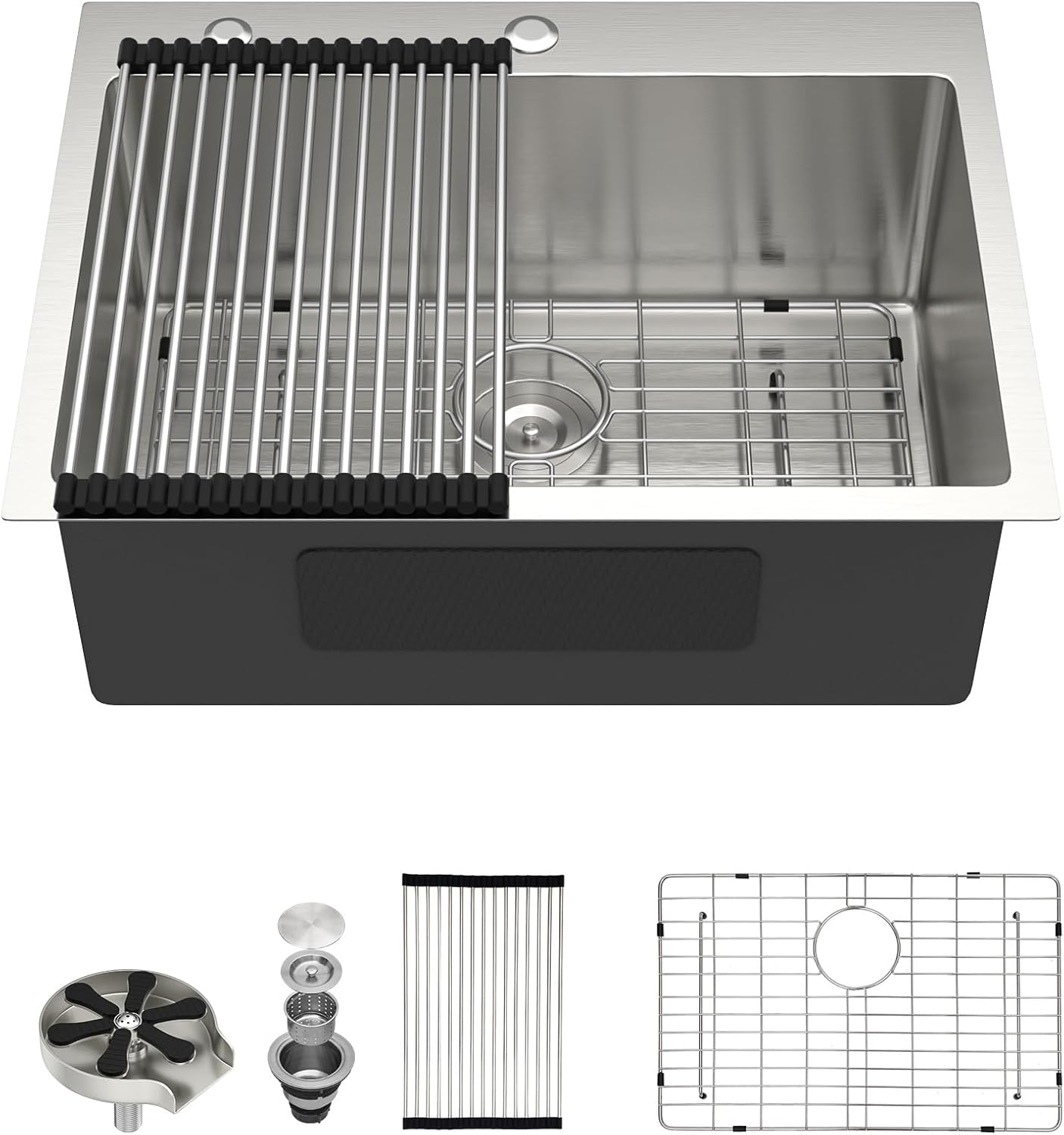 Dcolora 24 In. Drop In Kitchen Sink with Cup Washer, 16 Gauge 304 Stainless Steel Single Bowl Topmount Sink Brushed Finish, 24"x18"x9" #DC-T258001