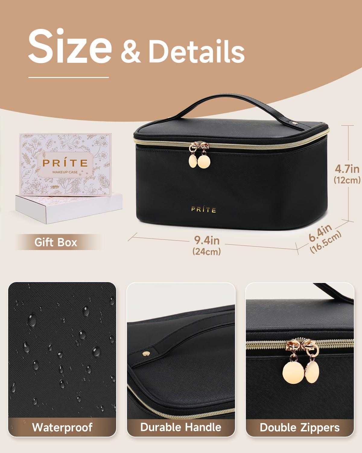 Prite Large Makeup Bag for Women Travel Cosmetic Case Waterproof PU Leather Toiletry Bag Portable Make Up Organiser with Handle and Removable Divider (Black) - Image 2
