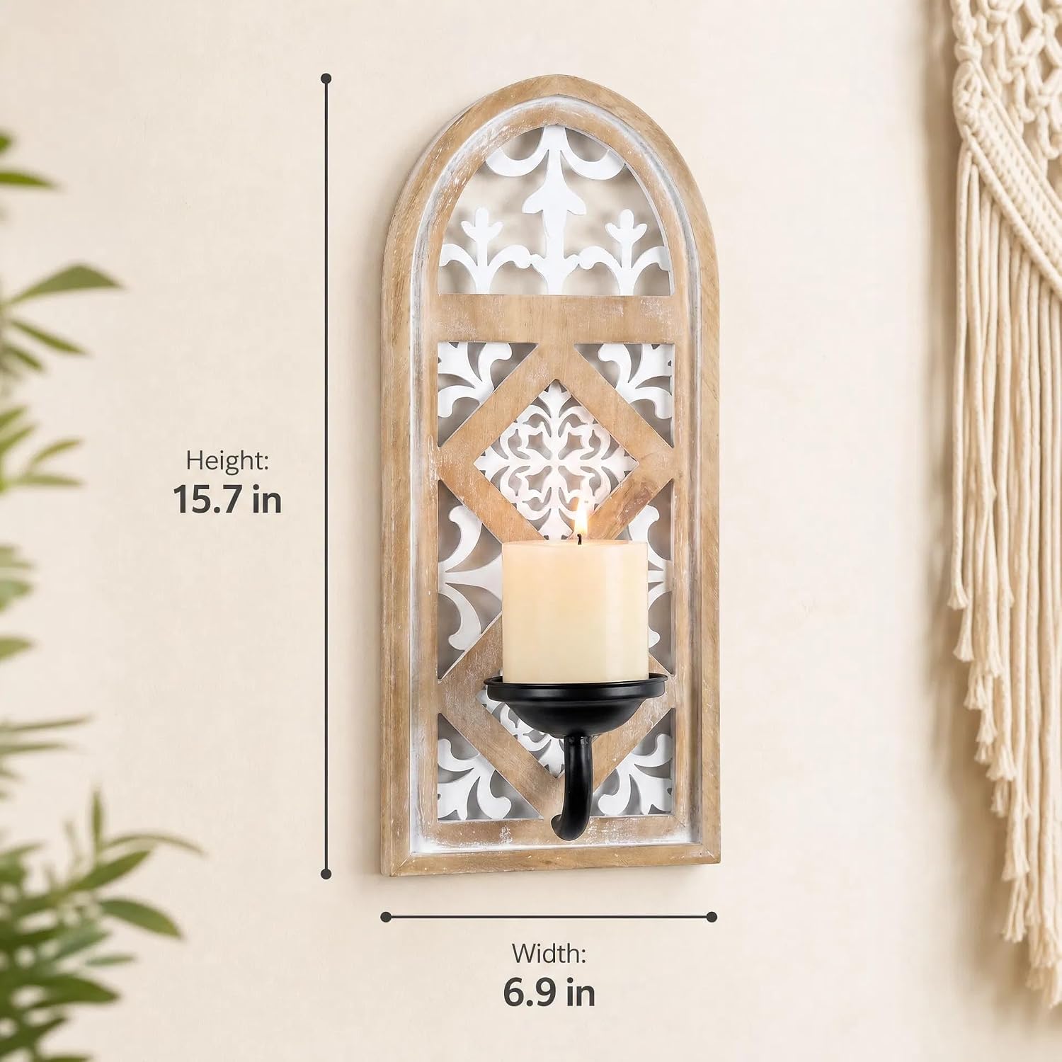 Rustic Wood Candle Sconces Wall Decor Set of 2 - Farmhouse Arched Window Frame Candle Holders Decorations for Living Room, Bedroom, Dining Room, Entryway - Distressed White Finish