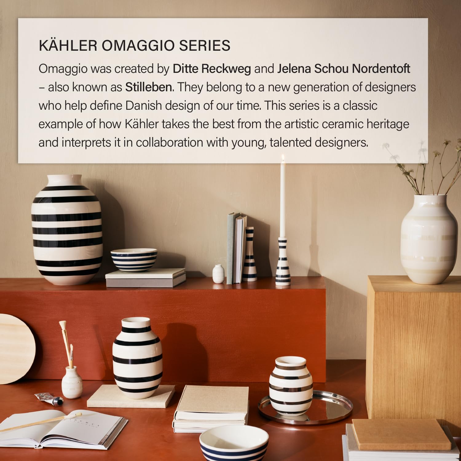 Kähler Vase H31 cm Omaggio Originaldesign mit handgemalte Streifen, schwarz