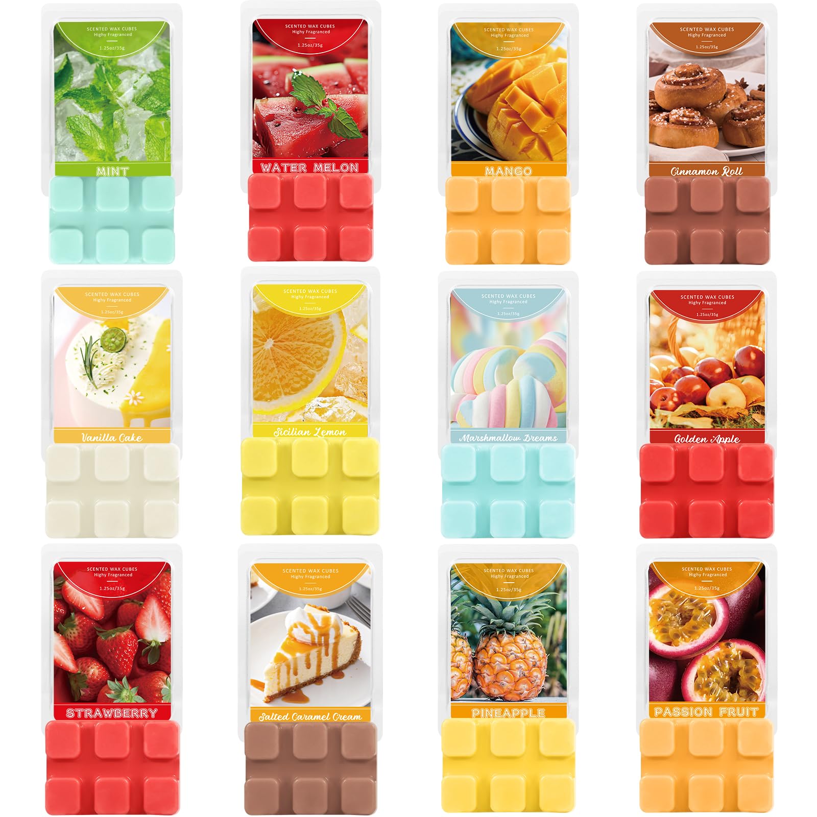 SCENTORINI Duftwachs für Duftlampe, 12 Stück, Raumdüfte Duftwachswürfel | Sojawachs Wax Melt, für Kerzen Wärmer, Goldener Apfel, Zimtbrötchen, Erdbeere, Mango Düfte, Geschenk Set für Weihnach