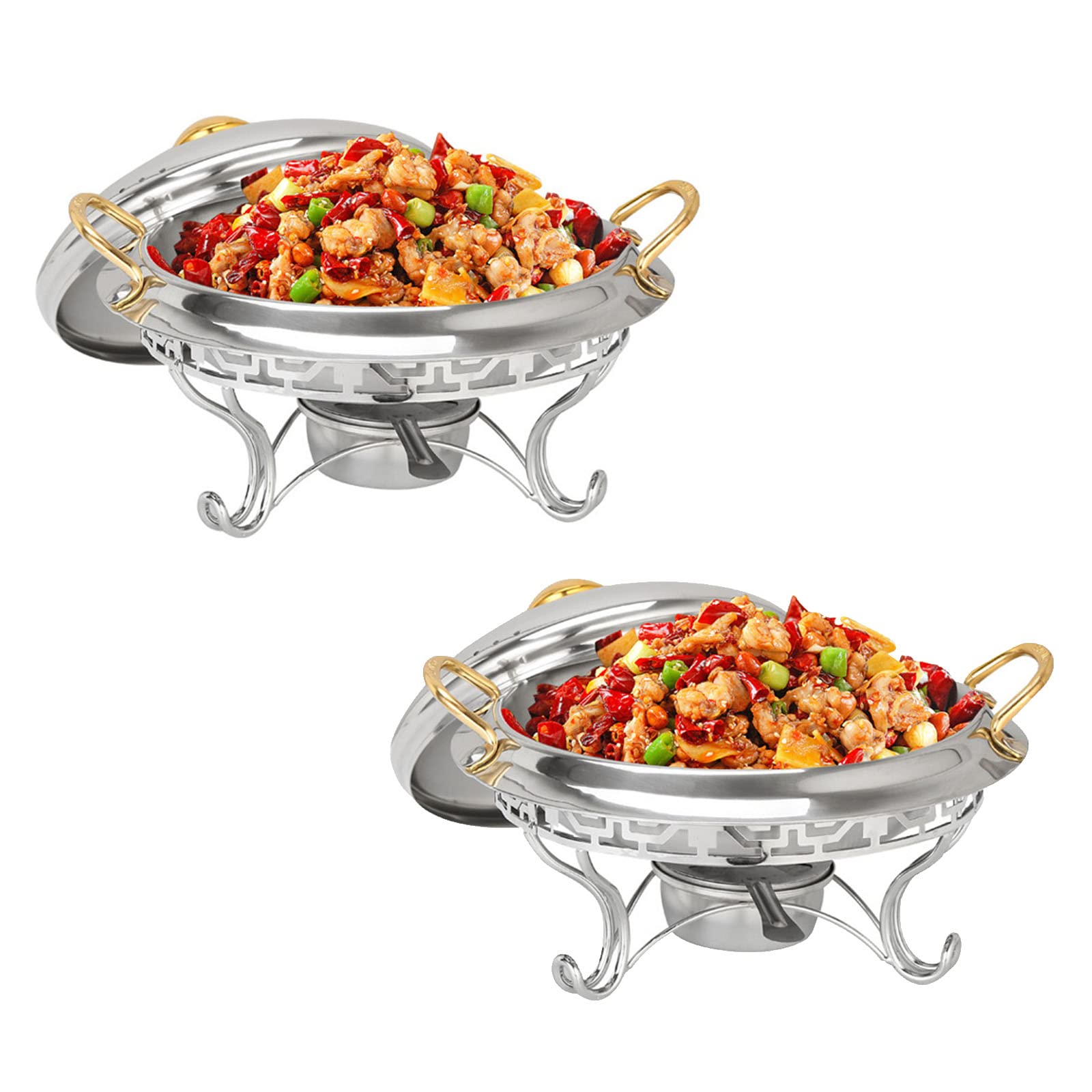 Chafing Dish Rotondo Placcato Oro, 2/4/6 Confezioni in Acciaio Inox Chafer Catering Buffet Warming Container Set con Porta-combustibile, per ristoranti, Feste, Matrimoni, 2 Confezioni