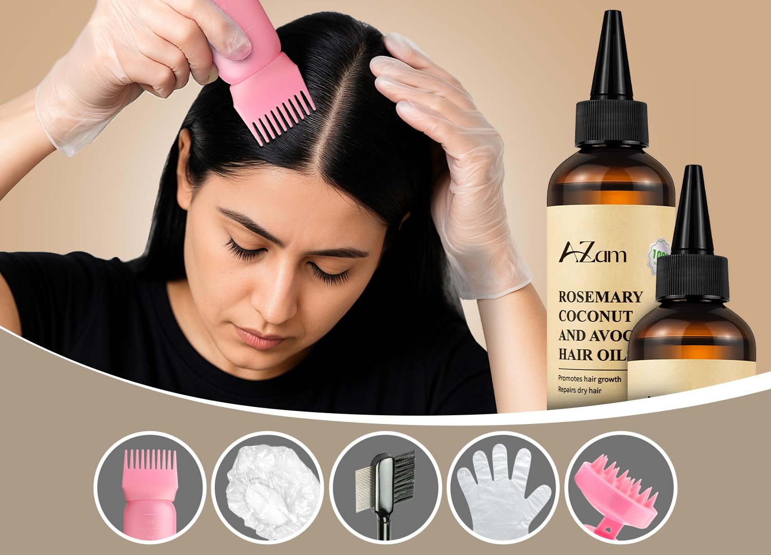 AZam Hair Oil Kit, 150ml Avocado, Coconut & Rosemary Blend for Hair Growth & Scalp Care, Includes Applicator Bottle, Gloves - Image 2