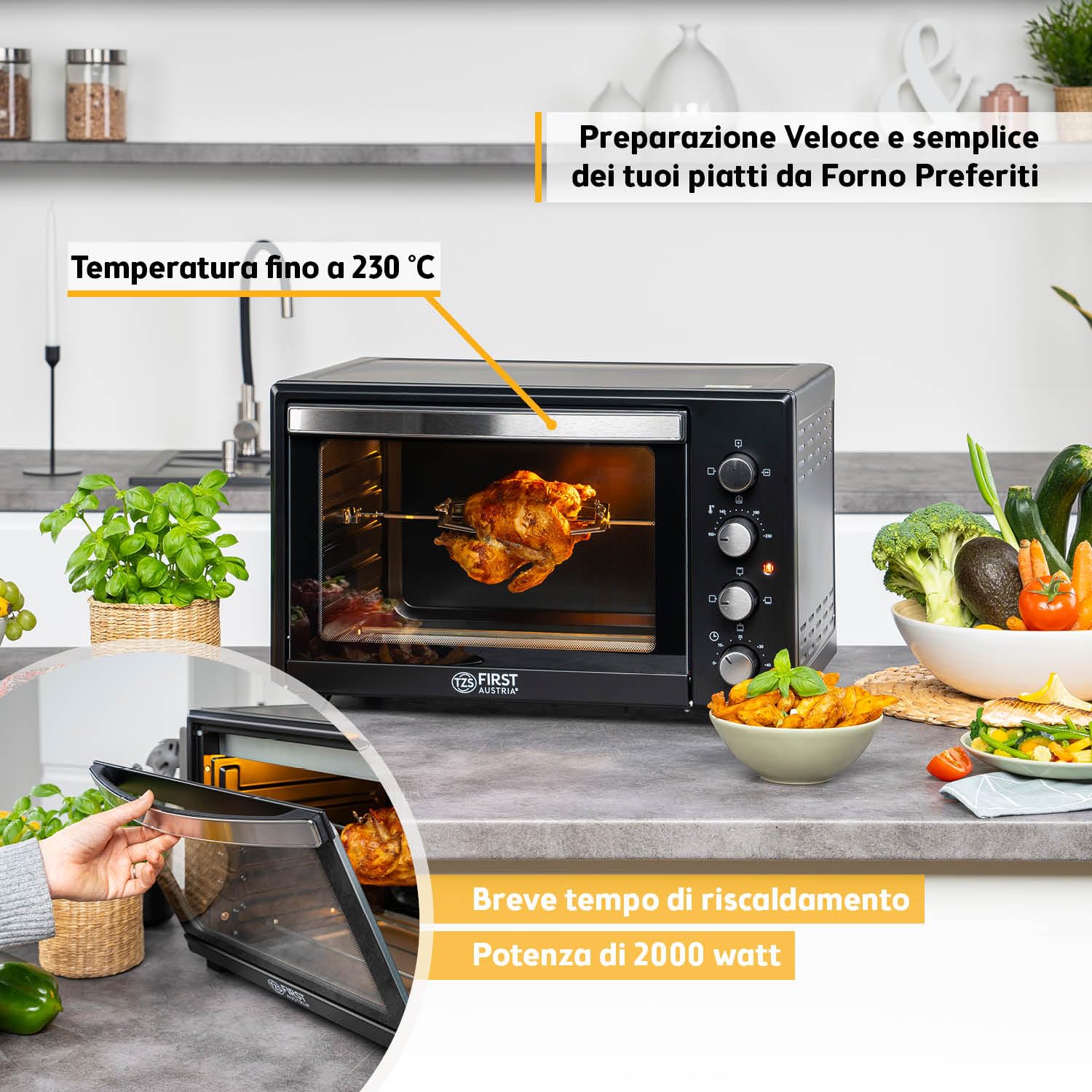 TZS First Austria - Mini Forno 45L 2000W - Fornetto per pizza con temperatura fino a 230°C e rivestimento antiaderente - Con timer di 60 min, 4 altezze di inserimento, teglia, griglia e spiedo rotante
