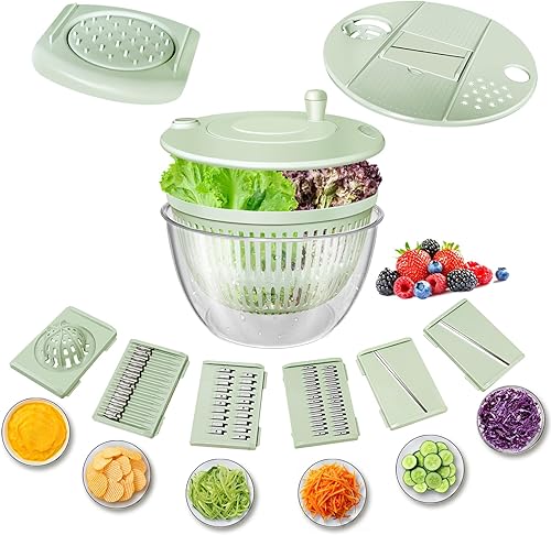 Airpro Spinner de Ensalada Grande, Tazón de Lavado de Frutas y Vegetales, Spinner de Lechuga y Secador de Pasta y Papas Fritas con 5 Cuchillas,