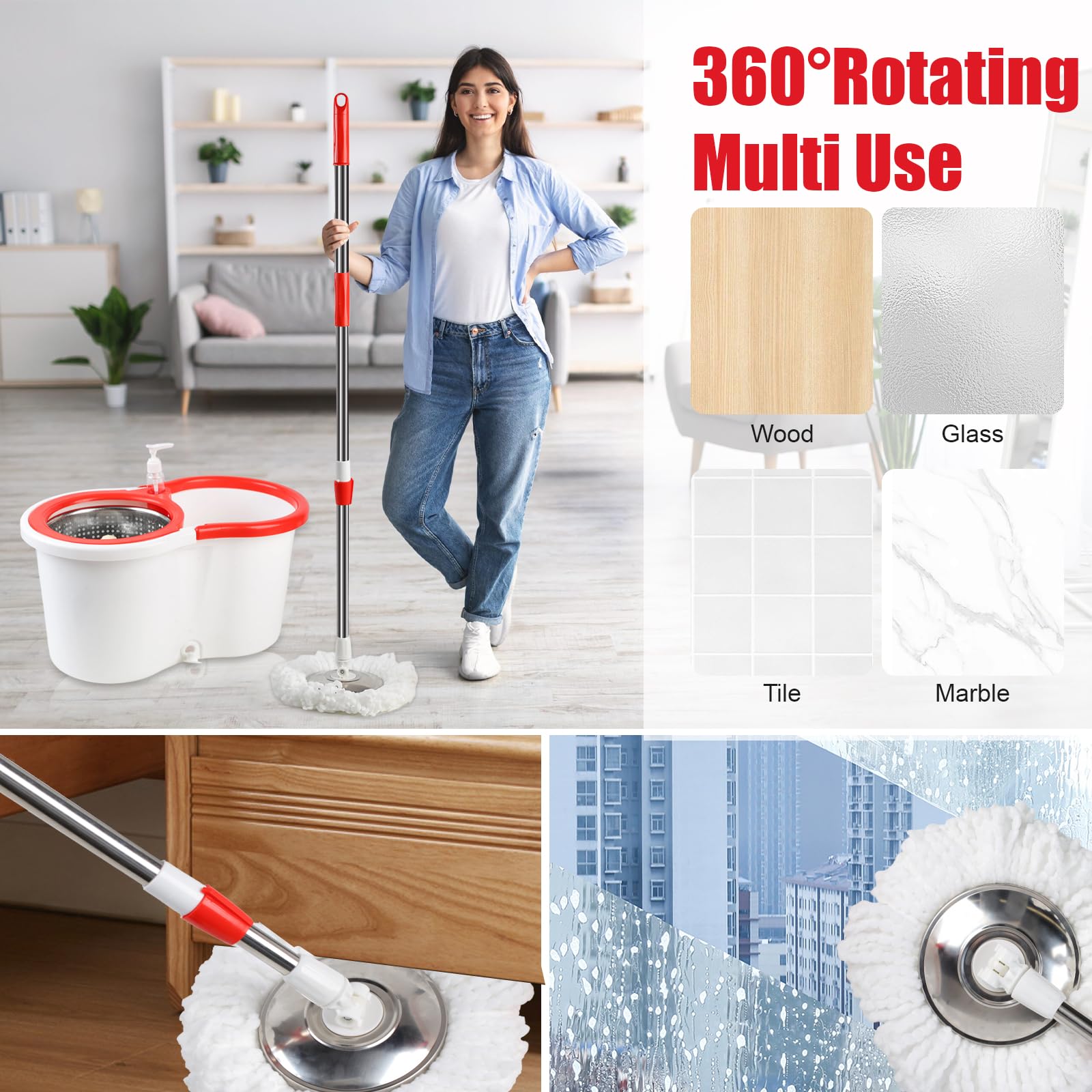 Trapeador giratorio y cubo con juego de escurridor, sistema de cubo giratorio de 360° con 6 cabezales de repuesto de fregona de microfibra y mango ajustable de acero inoxidable de 61 pulgadas para