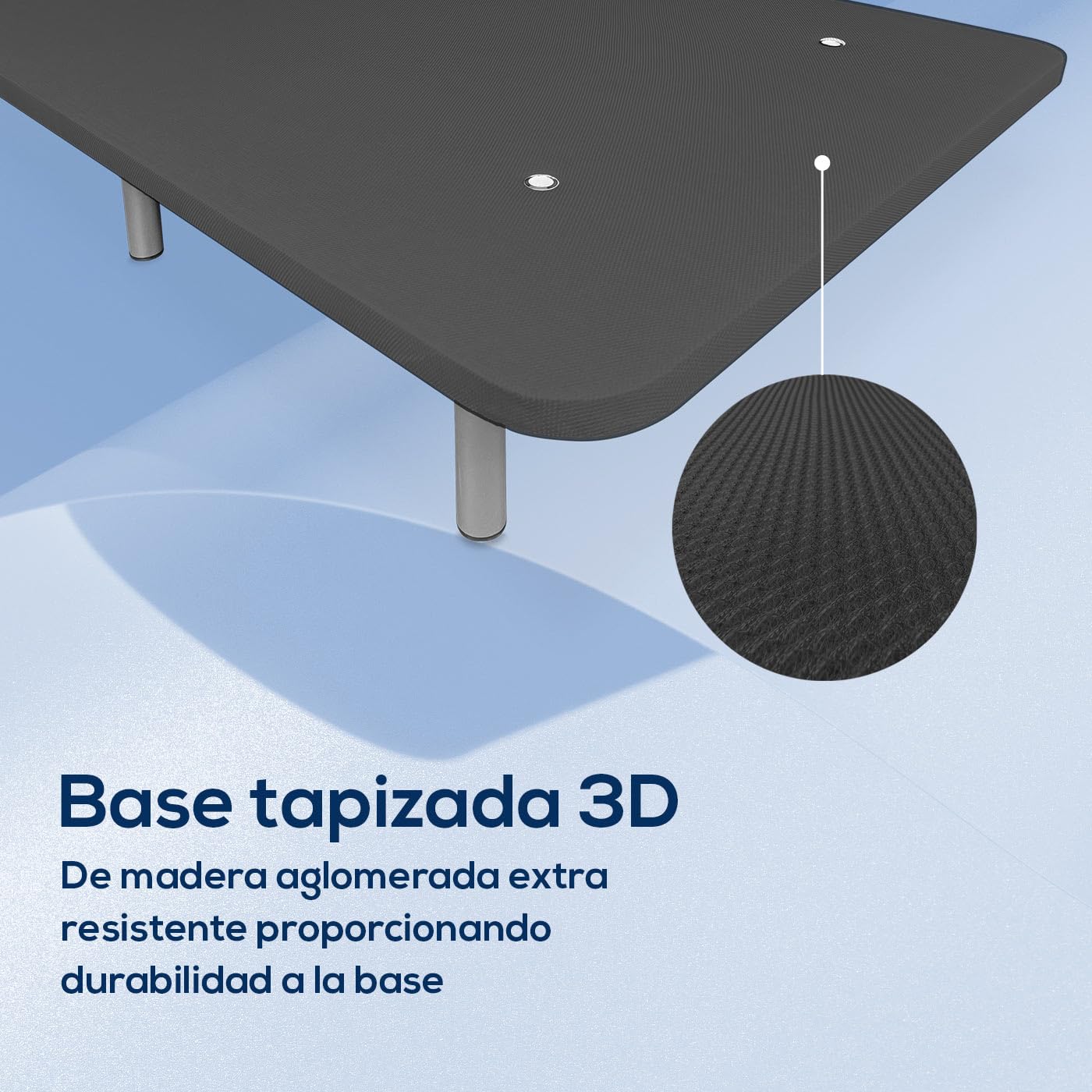 Duérmete Online - Base Tapizada Reforzada para Cama, Estabilidad y Resistencia con 5 Barras Transversales y 6 Patas metálicas roscadas de 25cm, 150 x 190, Gris Oscuro