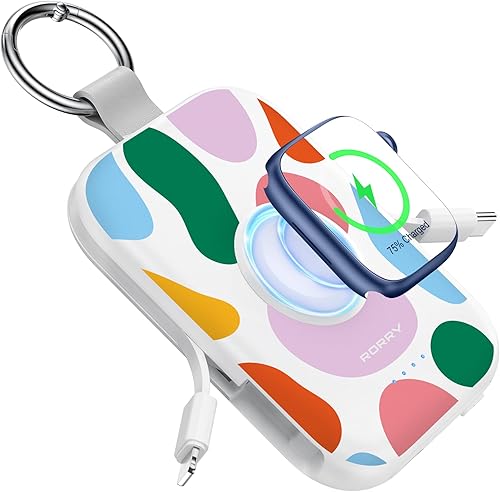 Vista 11 de RORRY Cargador portátil, batería externa portátil de 5000 mAh con cables integrados, paquete de batería en llavero de viaje para Apple Watch