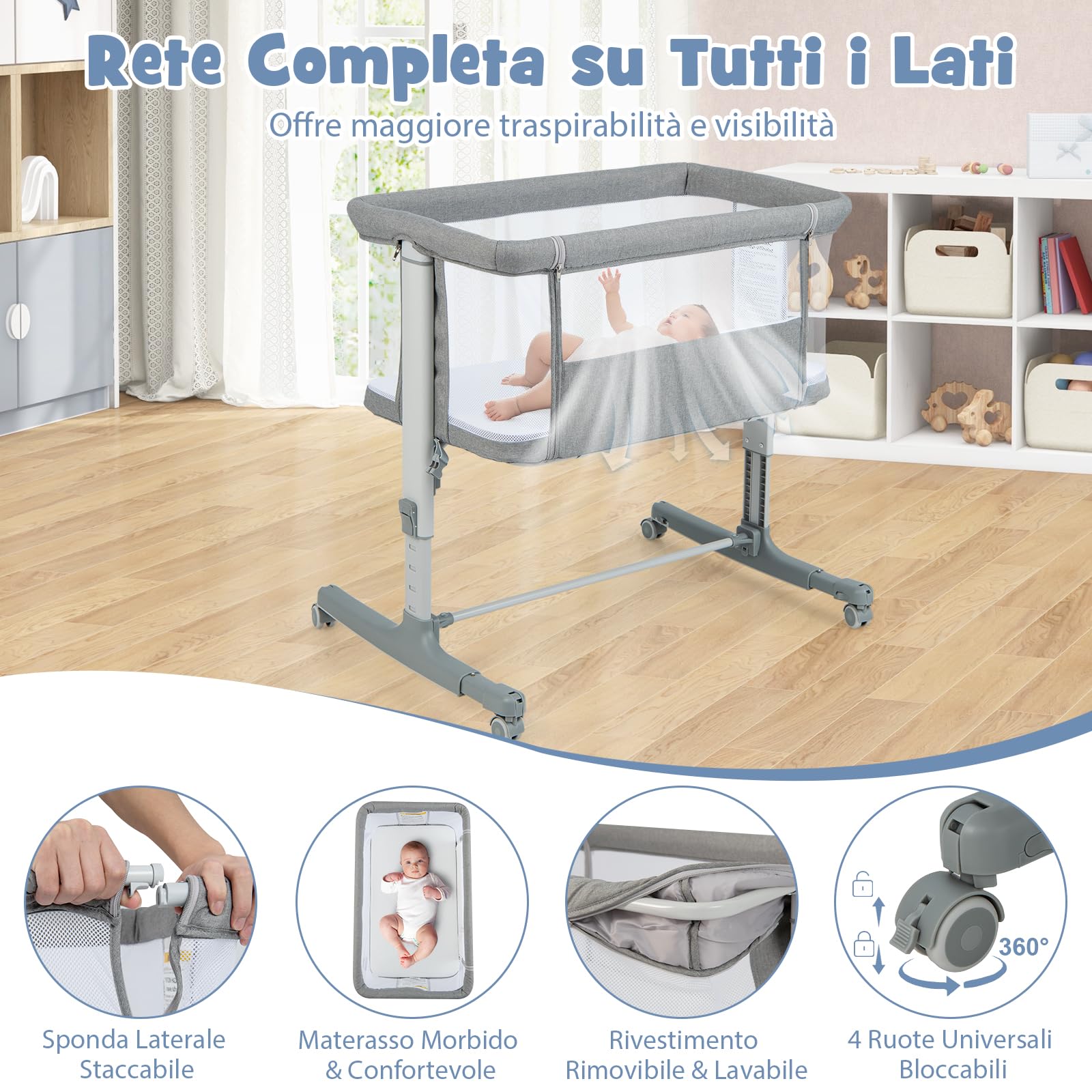 RELAX4LIFE 3 in 1 Culla Neonato, Culla da Campeggio per Bambole con Materasso Imbottito e Cinghia Fissaggio, Regolabile In Altezza 7 Posizioni, per Bambini 0-6 Mesi Fino a 9kg(Grigio Chiaro)