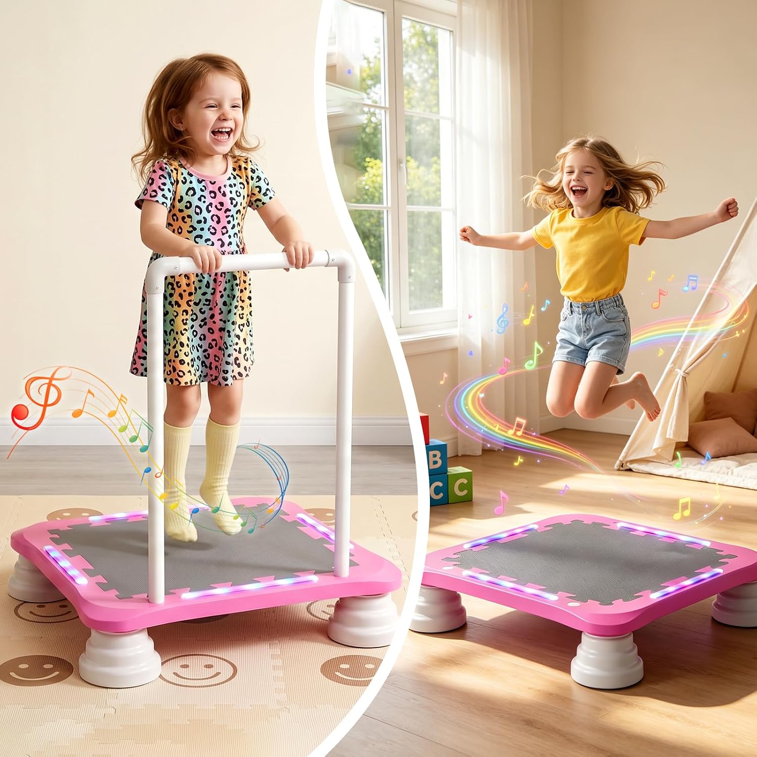 3-in-1 Mini Trampoline for Kids with Music & Lights, Indoor Outdoor Bounce Board, Removable Safety Handle, Sensory Balance Trainer, Non-Slip Base, Ages 3-12, Max 220 lbs