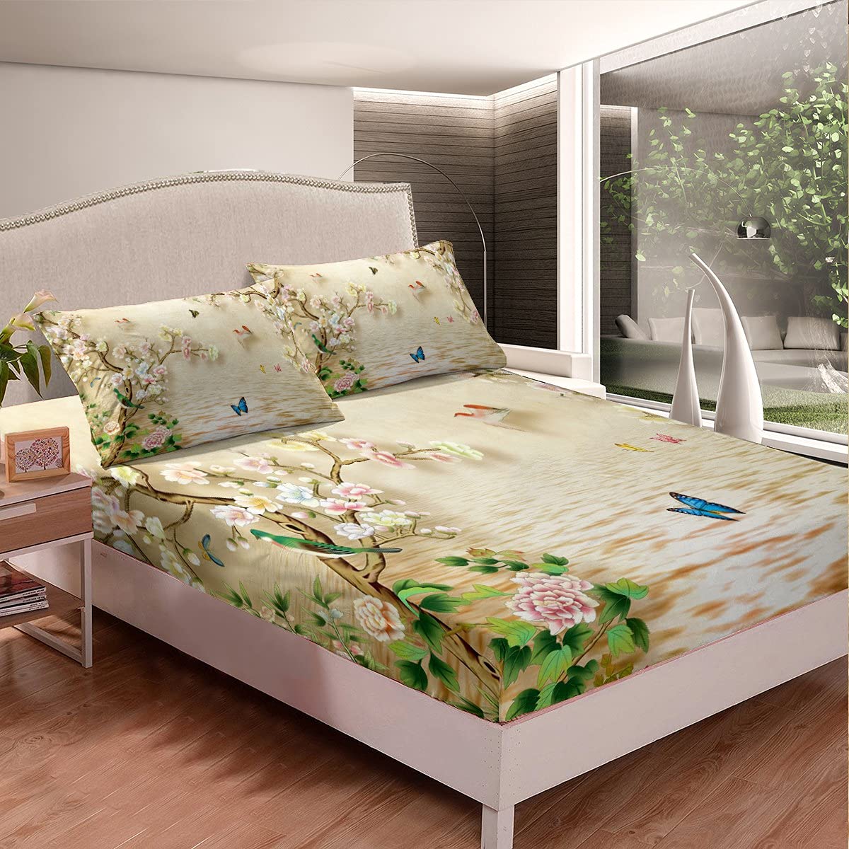 Set di biancheria da letto floreale con fiori colorati adolescenti, graziose farfalle e uccelli, set di lenzuola per la natura, erbe aromatiche, piante, senza lenzuolo piatto King Size