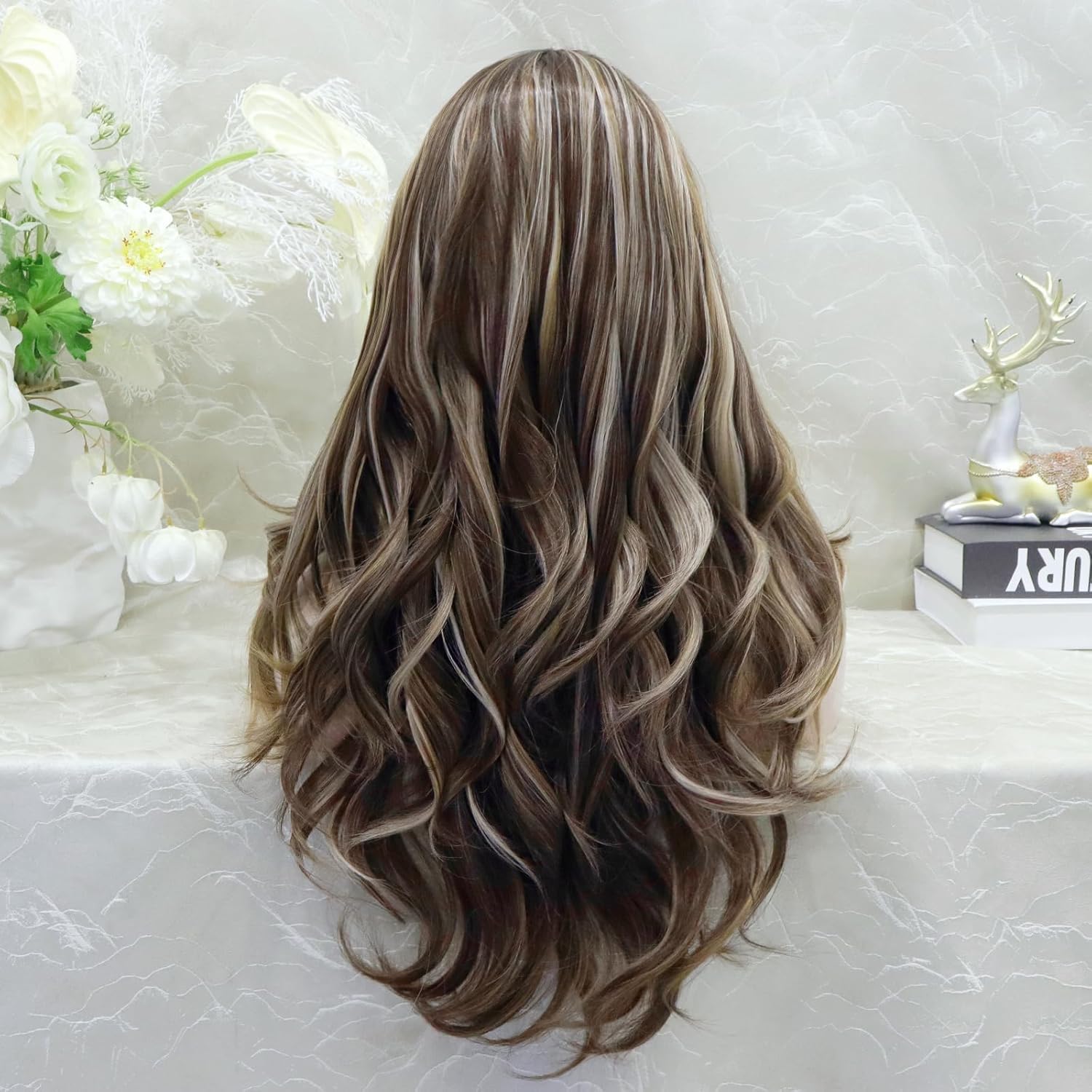 IMSTYLE 13x4 Synthetic Lace Front Aneisa Sunkiss Brown and Blonde Highlight Free Part Lace Front Synthetic Natural Hairline Long Wavy 24 Inches Wig (Aneisa Sunkiss Brown and Blonde)