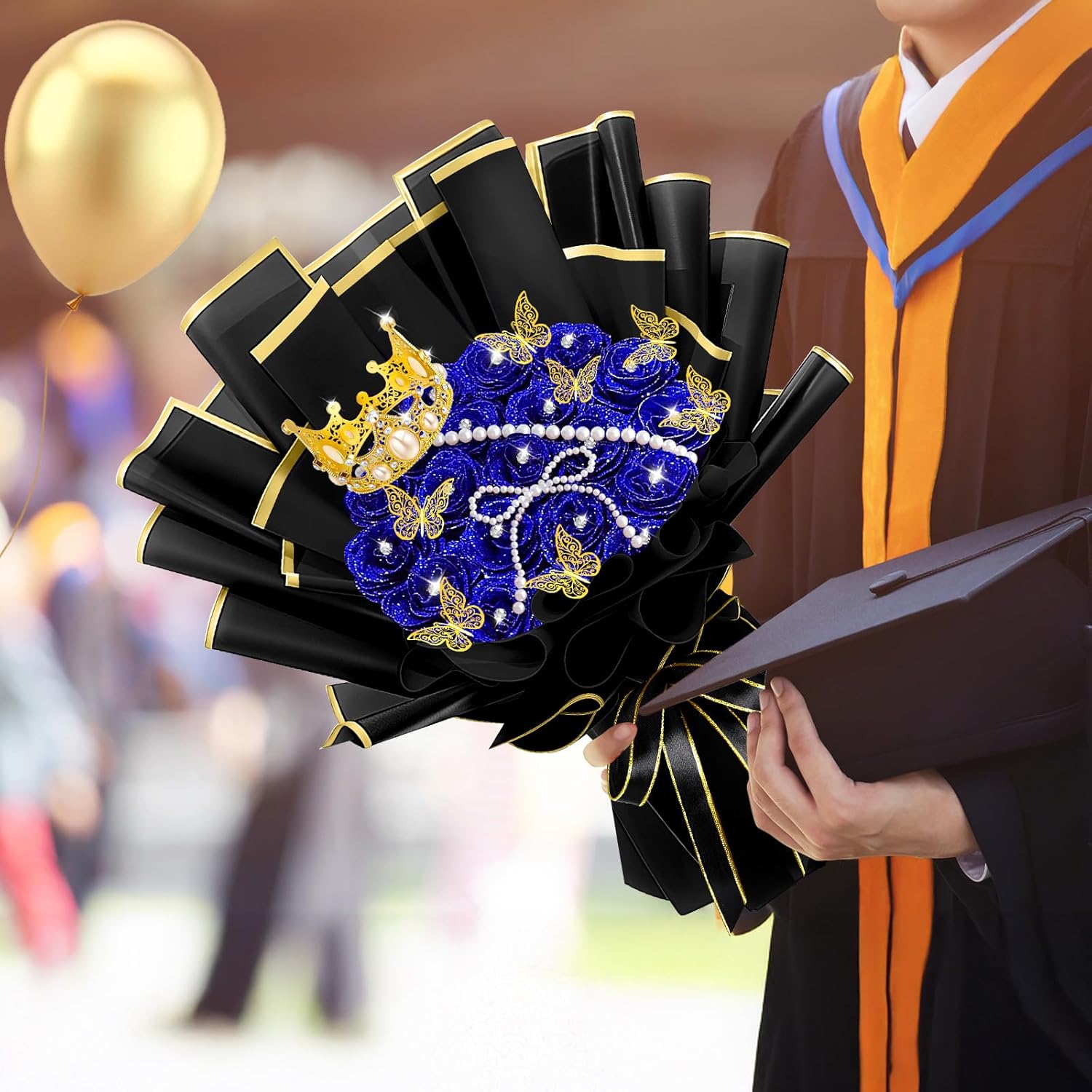 Daifunli 196 Pcs DIY Glitter Graduation Gifts Roses Bouquet Artificial Flower Bouquet Kit Birthday Gifts Flower Wrapping Paper 3D Butterflies Crowns for Grad Wedding Birthday Anniversary(Blue)