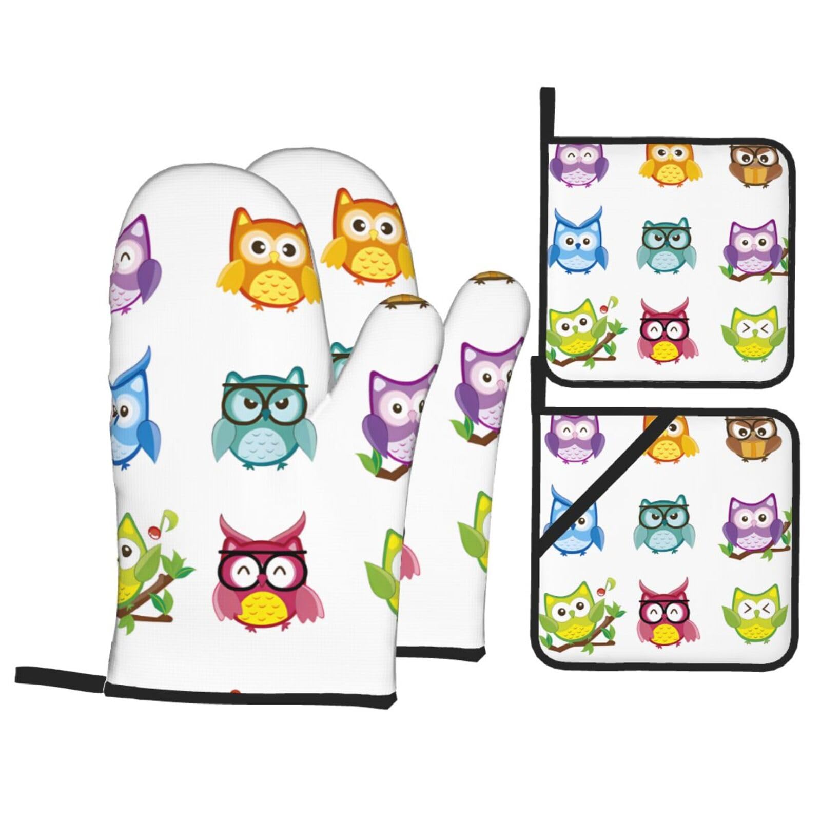 YYHHAOFA Owls Birds Prints Kitchen Baking Set with Heat Resistant Pot Holders & Oven Mitts - Waterproof Layers for Cooking, Grilling & Serving, Includes Pocket Layer