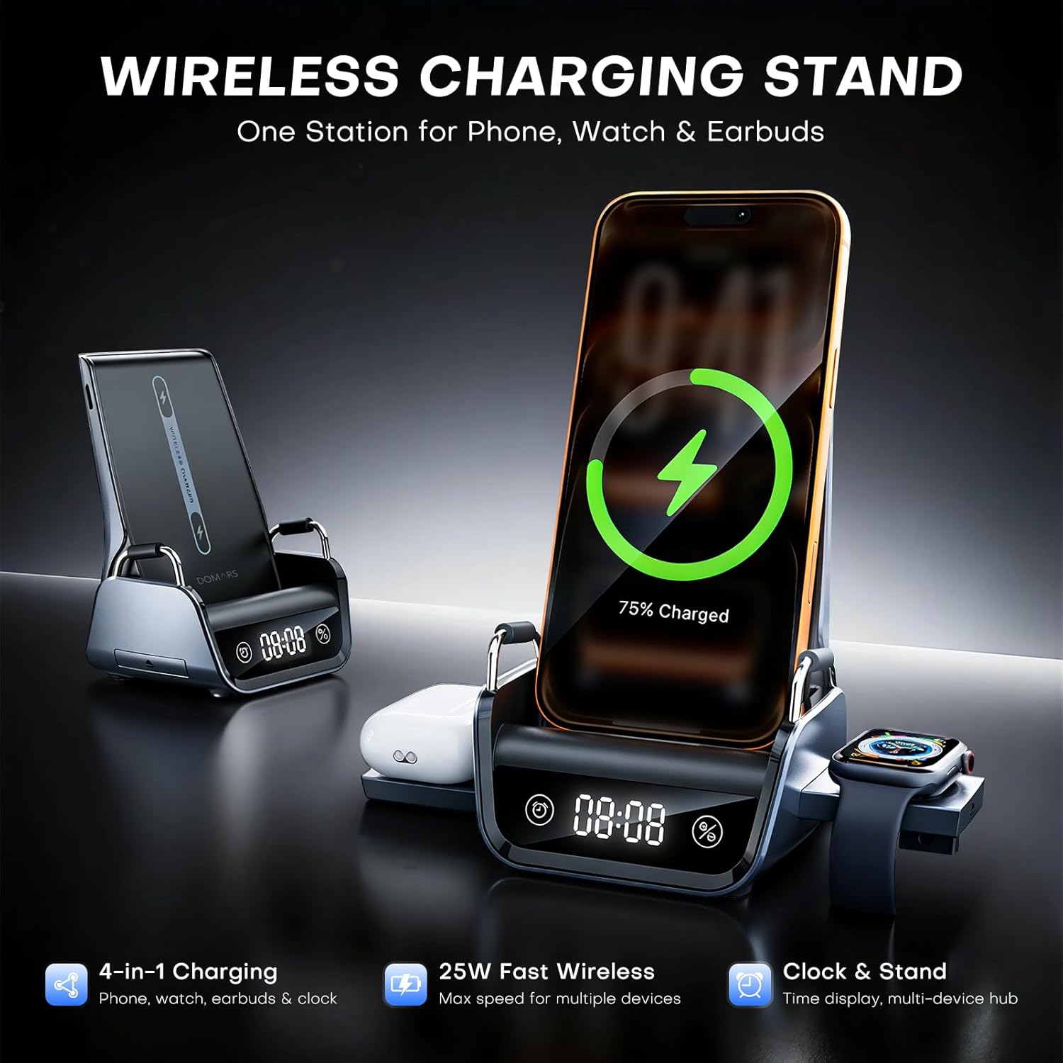 3 in 1 Wireless Charger for Samsung, Charging Station for Android with Clock, Foldable Watch Charger for Galaxy S25 Ultra/S24, Watch 8/7/6/5, Buds, iPhone 17/16/15, Apple Watch, AirPods