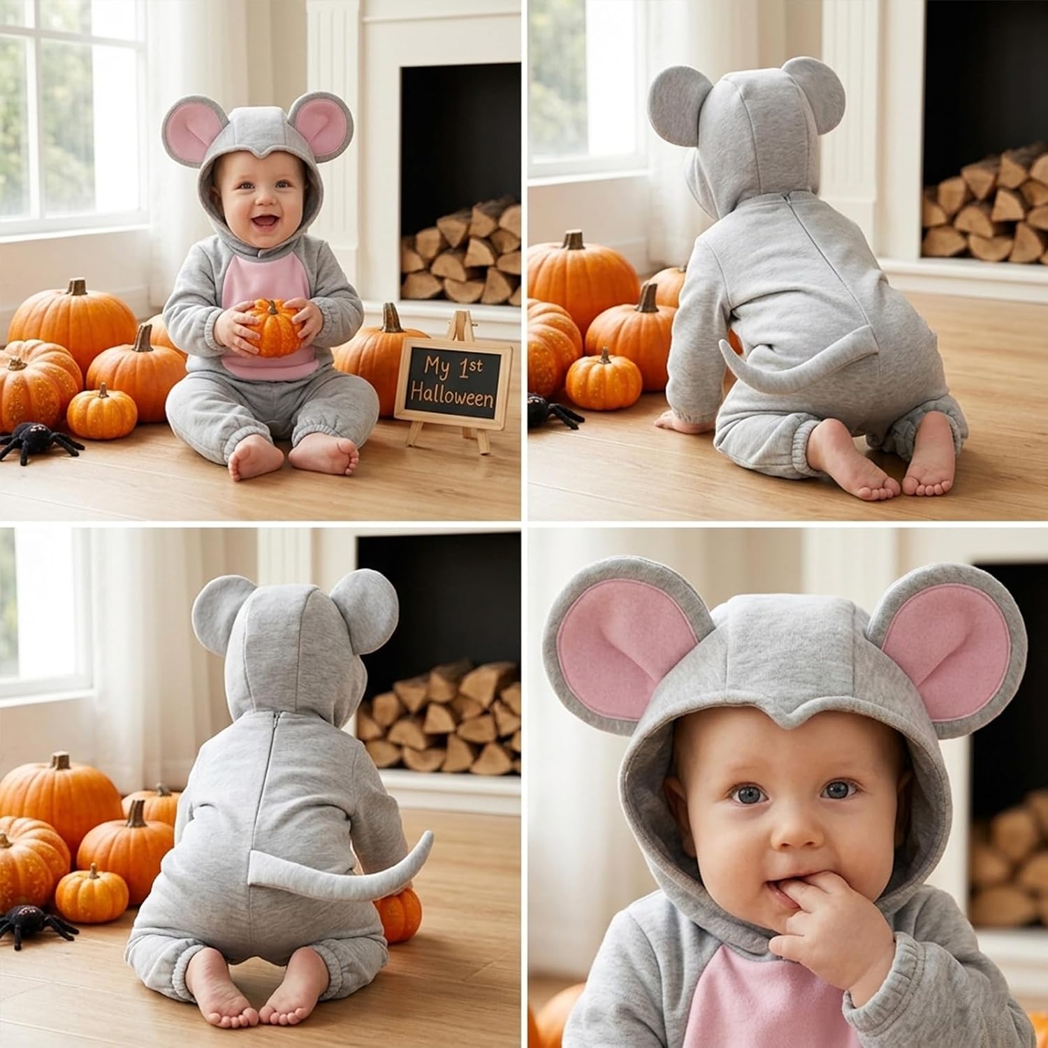 Baby Mouse Costume Boy Girl Long Sleeve Fleece Jumpsuits Romper with Ears Hat Toddler Halloween Outfit