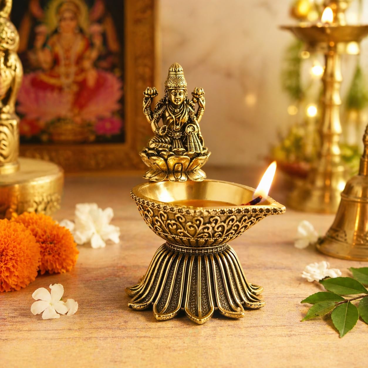 BEXCO Goddess Dhan Lakshmi Brass Diya Oil Lamp Height 4" inch (Approx.) Antique Gold Finish Hindu Deity Idol with Lotus Pedestal – Traditional Indian Deepam for Home Pooja, Spiritual Gifting