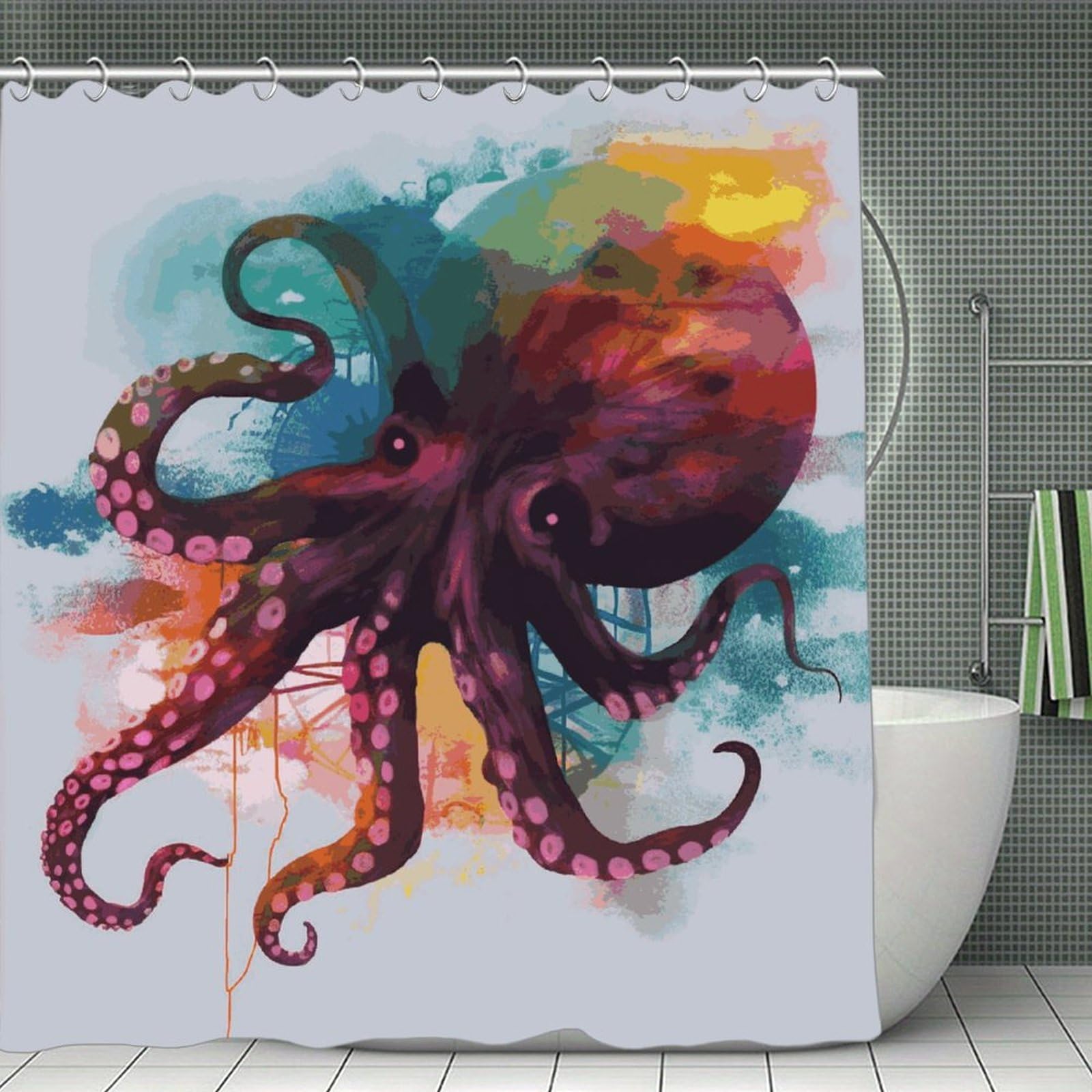 VstaDank Abstract Colorful Octopus Shower Curtain 71x71 Heavy Duty Polyester Cloth Bath Curtain with Hooks Thick Waterproof Shower Liner Fun Magic Decorative Bathroom Curtains for Bathtub