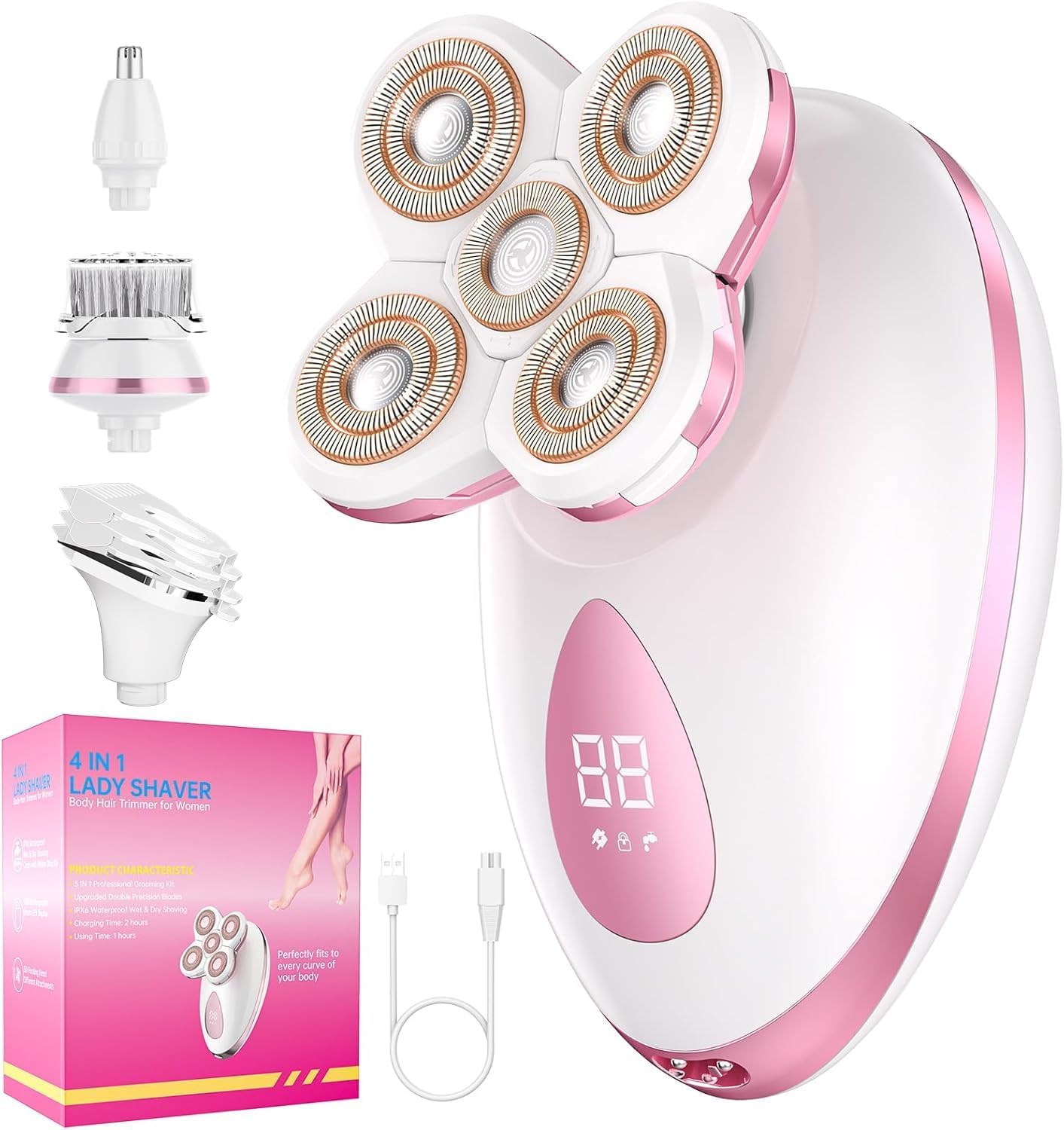 Electric Razors for Women - Painless Body Shavers for Sensitive Skin - 4 in 1 Cordless Lady Trimmer for Women's Leg, Bikini and Face - Waterproof Wet/Dry Hair Remover Kit, Rechargeable, Pink