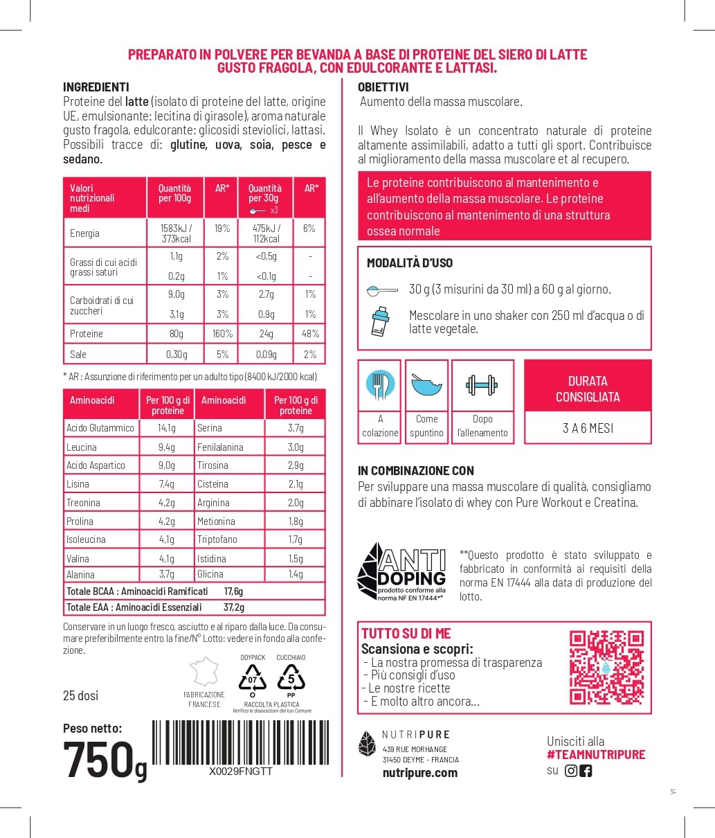 SIERO DI LATTE ISOLATO NATIVO, FRAGOLA, 750 G