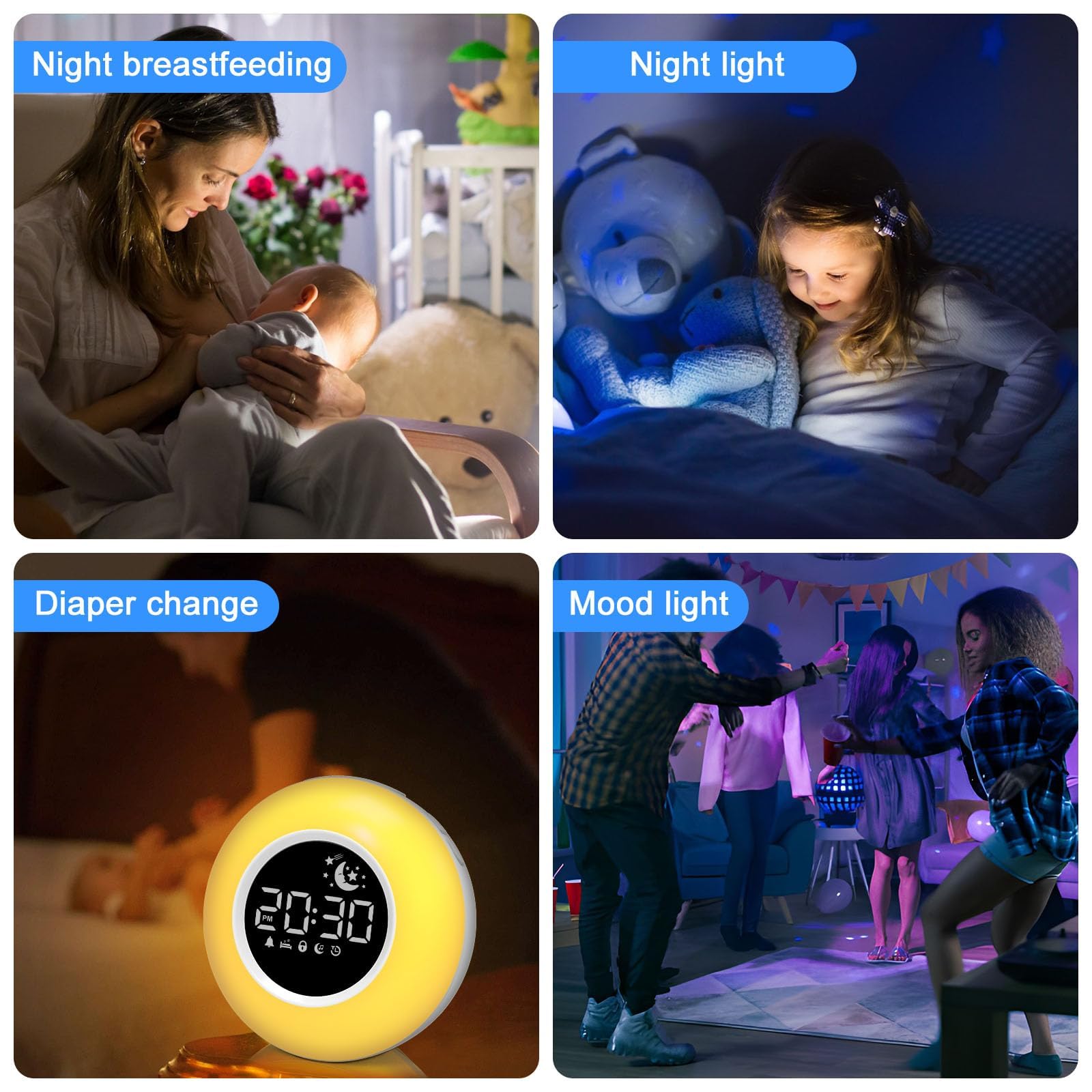 APUZOM Wecker mit Nachtlicht Wecker mit Licht Tischuhr ohne Tick,Geschenke für Mädchen Jungen,Kind Schlaftrainer mit Nachtlicht, Customized Lichtwecker mit 12 White Noise, Snooze und Timer
