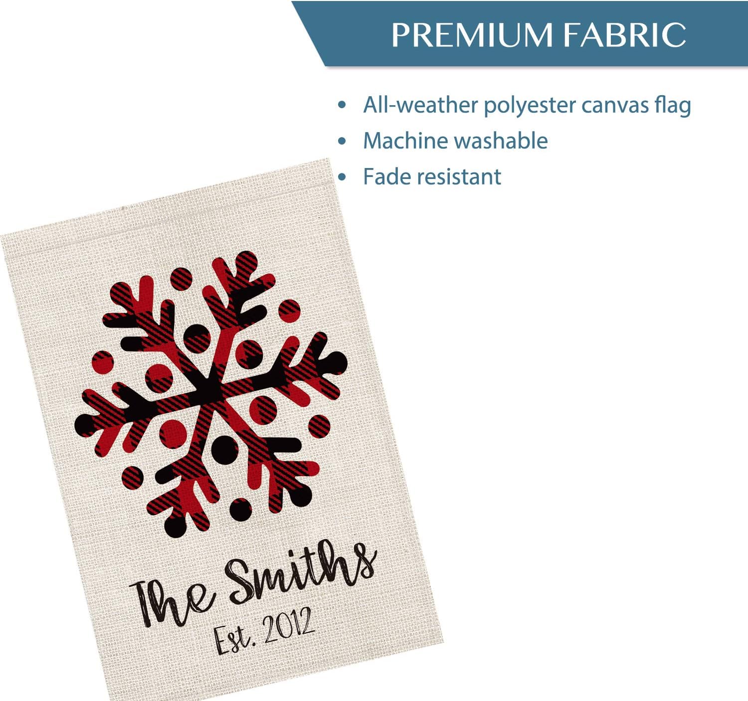 Smile Personalized Merry Christmas Snowflakes House Flag, Customized Family Name and Established Year Buffalo Plaid, Double Sided 28 x 40 Inch Rustic Farmhouse Burlap Yard Outdoor Decoration