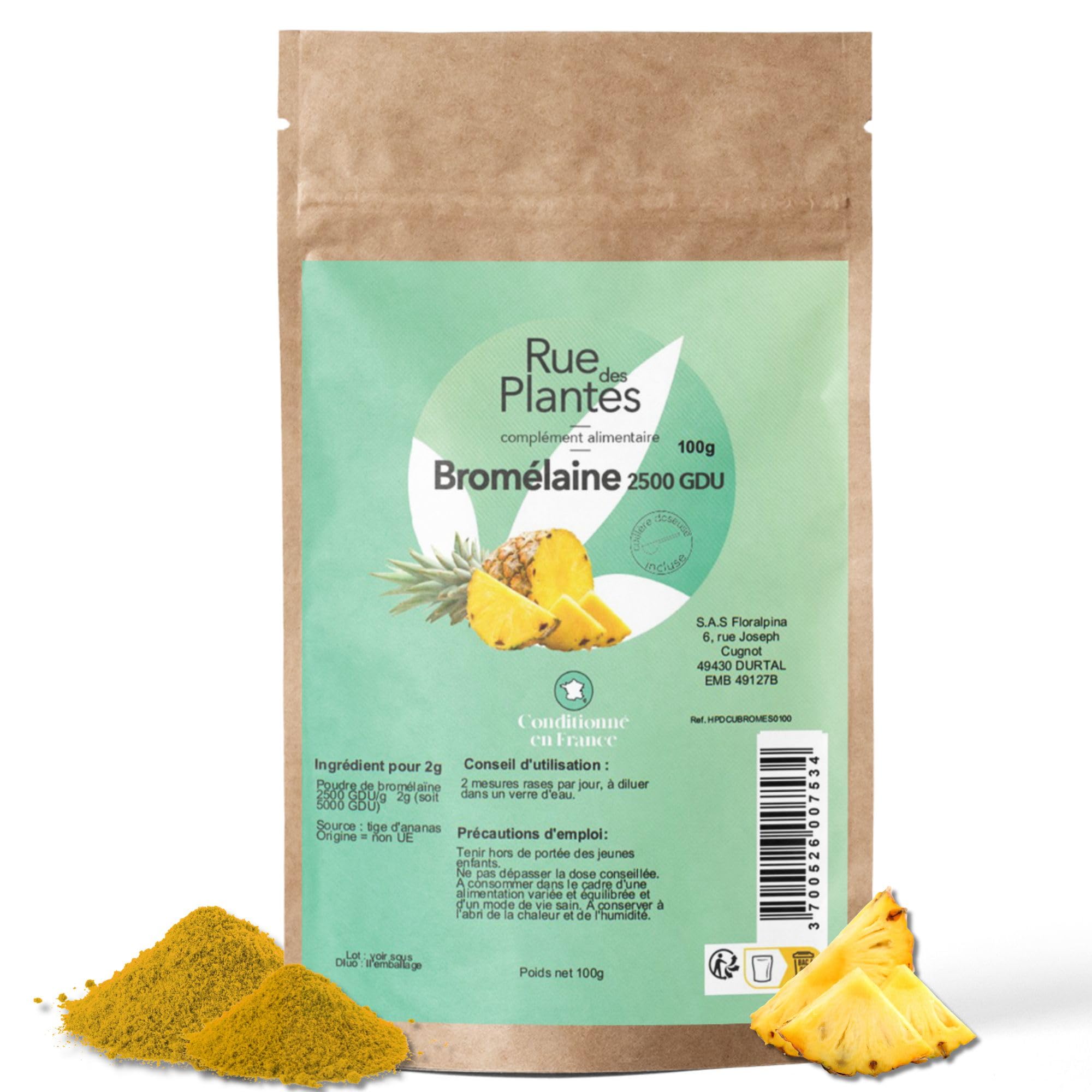 RUE DES PLANTES - Bromélaïne Poudre 100g | Enzyme Naturelle de Cœur d'Ananas | Digestion et Bien-être - Complément Alimentaire Vegan | Made in France