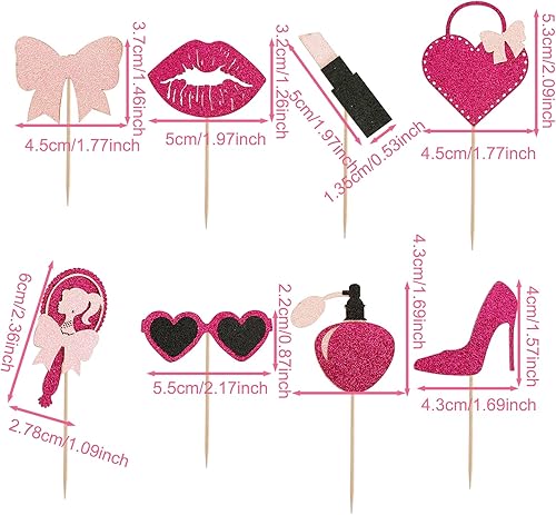 Miniatura 3 de 24 piezas con purpurina de princesa para cupcakes de tacón alto, perfume, espejo de tocador, palillos para tartas para cumpleaños de niña rosa,
