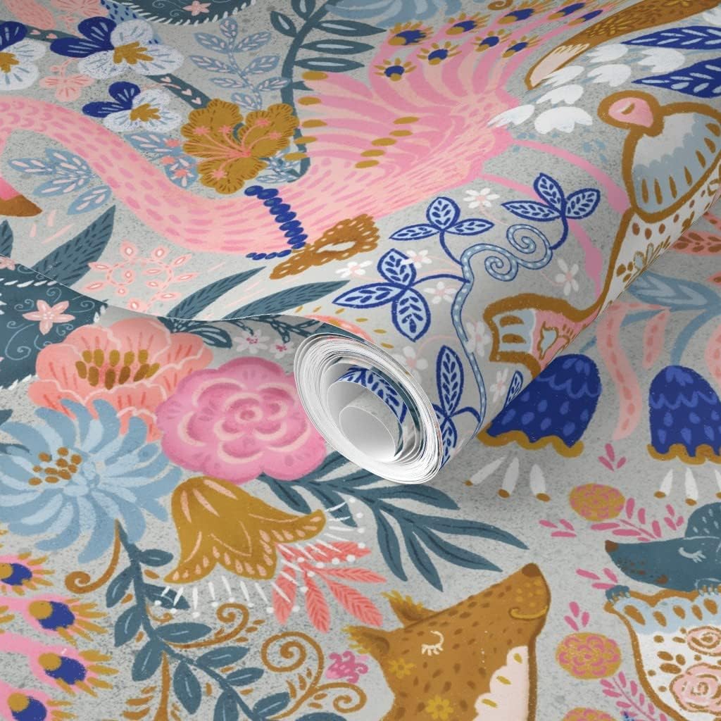 Removable Wallpaper Swatch - Tea Time Fairy Tale Animas Whimsial Maximalist Gray Pink Custom Pre-Pasted Wallpaper by Spoonflower