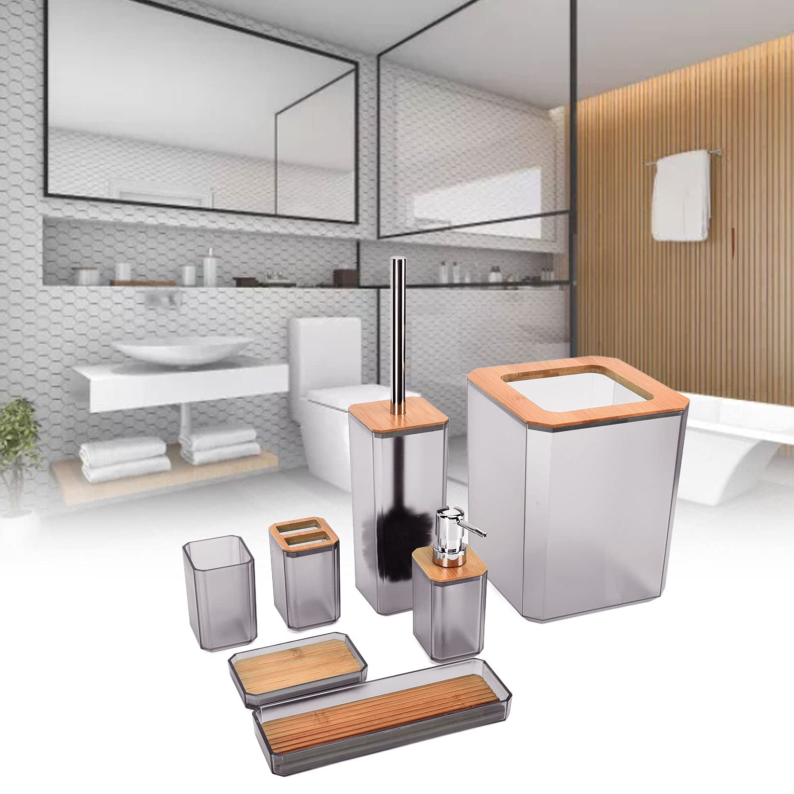 Cocoarm Juego de Accesorios de Baño de bambú, Juego de Baño de 7 Piezas con Caja de ABS, Soporte para Cepillo de Dientes, Escobilla de, Bandeja para Bote de Basura para el Hogar, Hotel, (Gray)