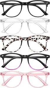 Reading Glasses for Women Blue Light Blocking Glasses Filter UV Square Readers Glasses for Men and Women 5 Pack